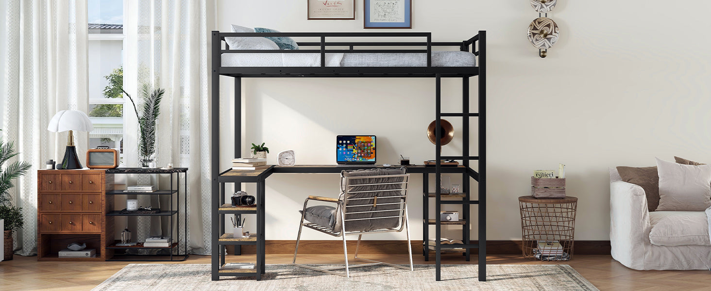 Full metal loft bed with desk and shelf, loft bed with ladder and guardrail, bedroom loft bed frame, black