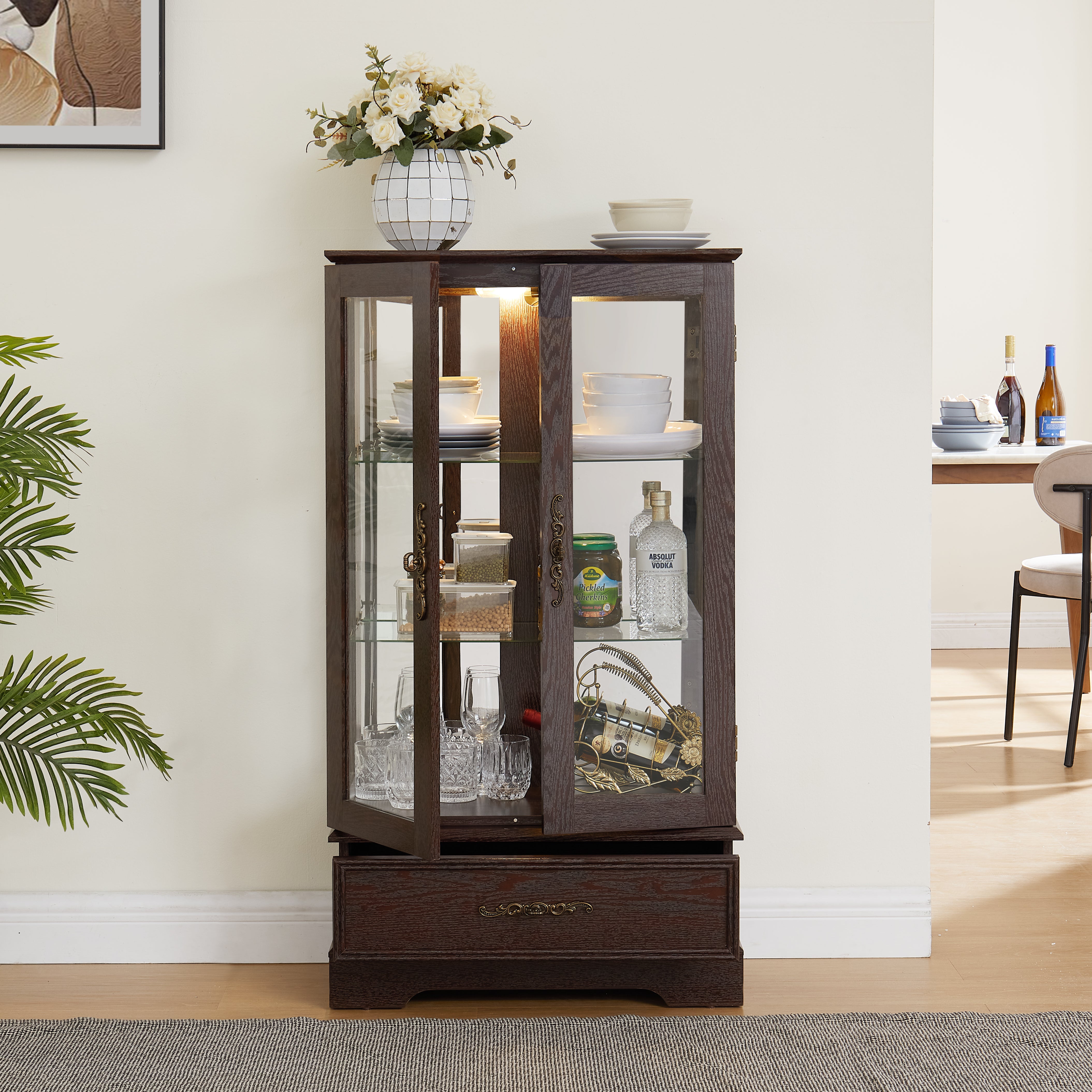 Light colored glass cabinet with adjustable glass frame Curio display cabinet, 2 doors and 1 drawer light bulb cherry color