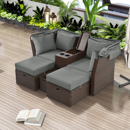 2-Seater Outdoor Patio Daybed Outdoor Double Daybed Outdoor Loveseat Sofa Set with Foldable Awning and Cushions