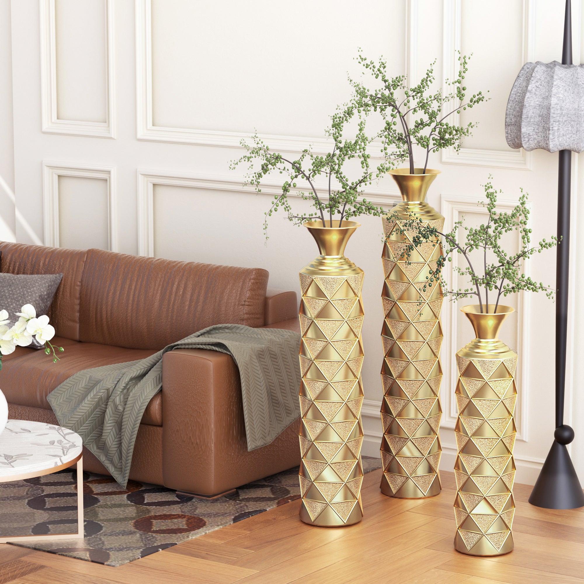 High pressure metal center vase with 3D triangular pattern, set of 3 vases, height 33.5 inches, 29.5 inches, 25.2 inches, gold