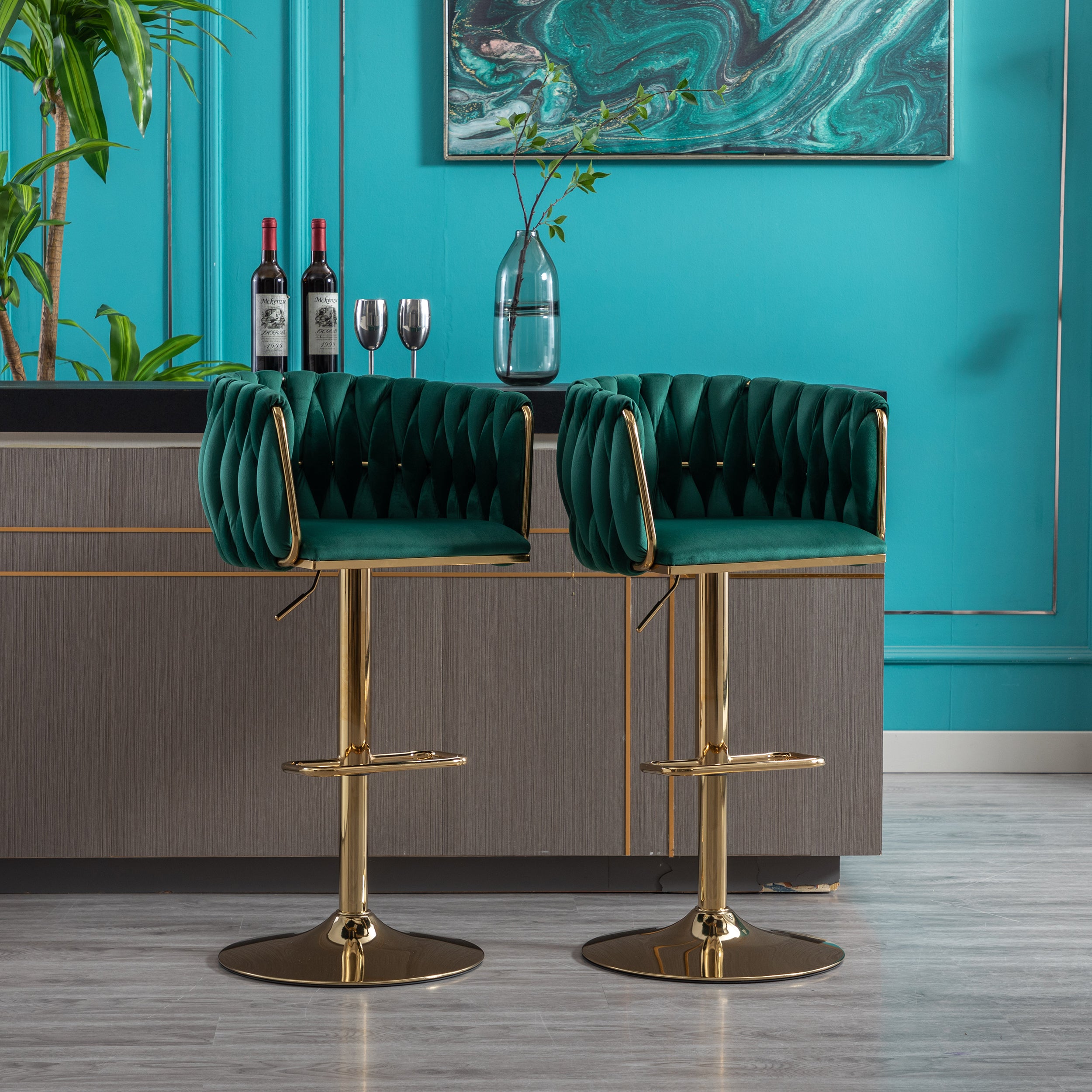 Set of 2 Bar Stools with Chrome Footrest and Base Swivel Height Velvet + Golden Leg Simple Bar Stool-Green