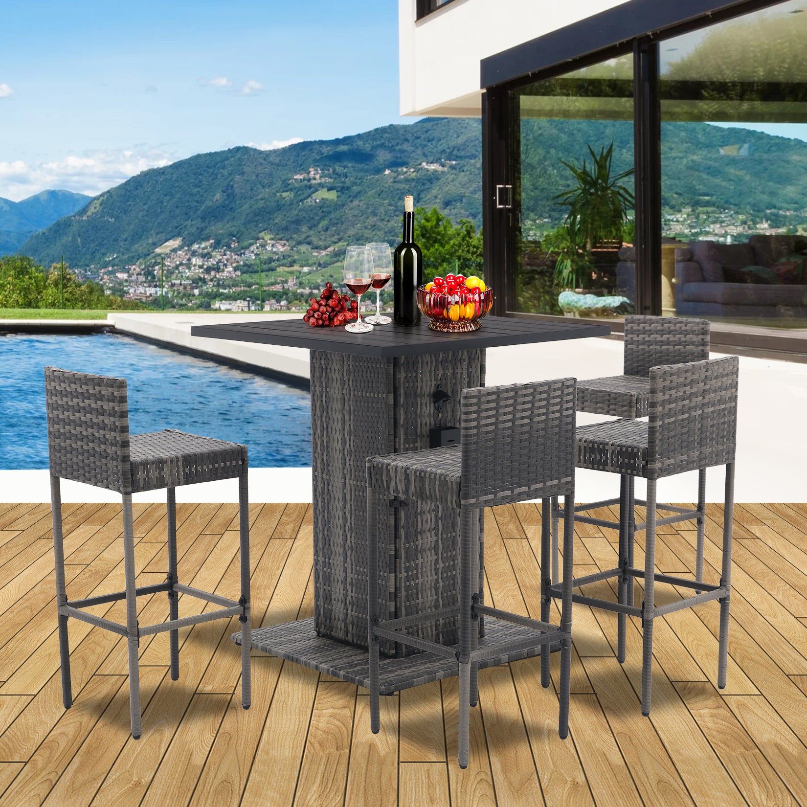 5-Piece Outdoor Conversation Bar Set,All Weather PE Rattan and Steel Frame Patio Furniture  (GREY)