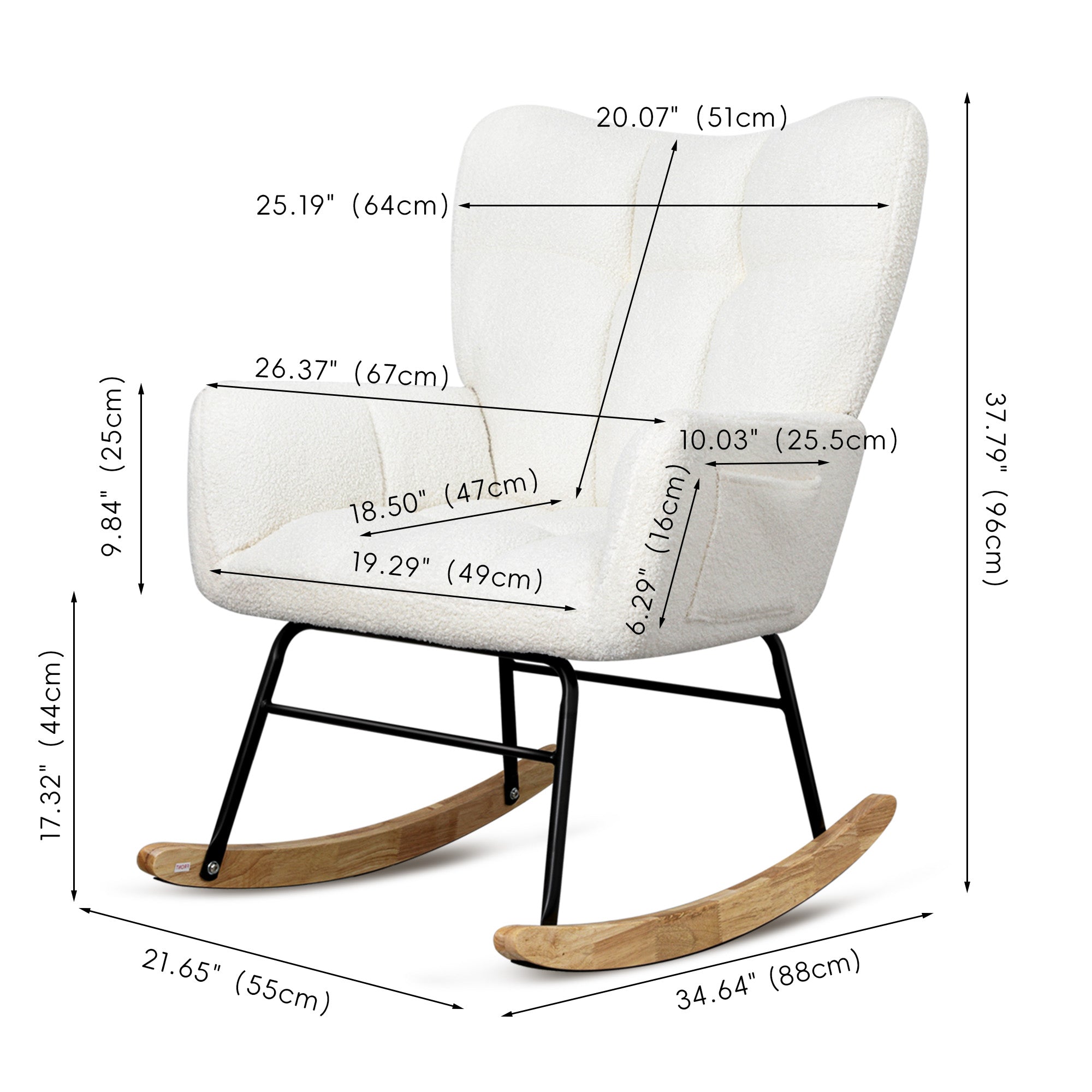 Teddy fabric rocking chair, cushioned rocking chair with high backrest, modern rocking chair, white