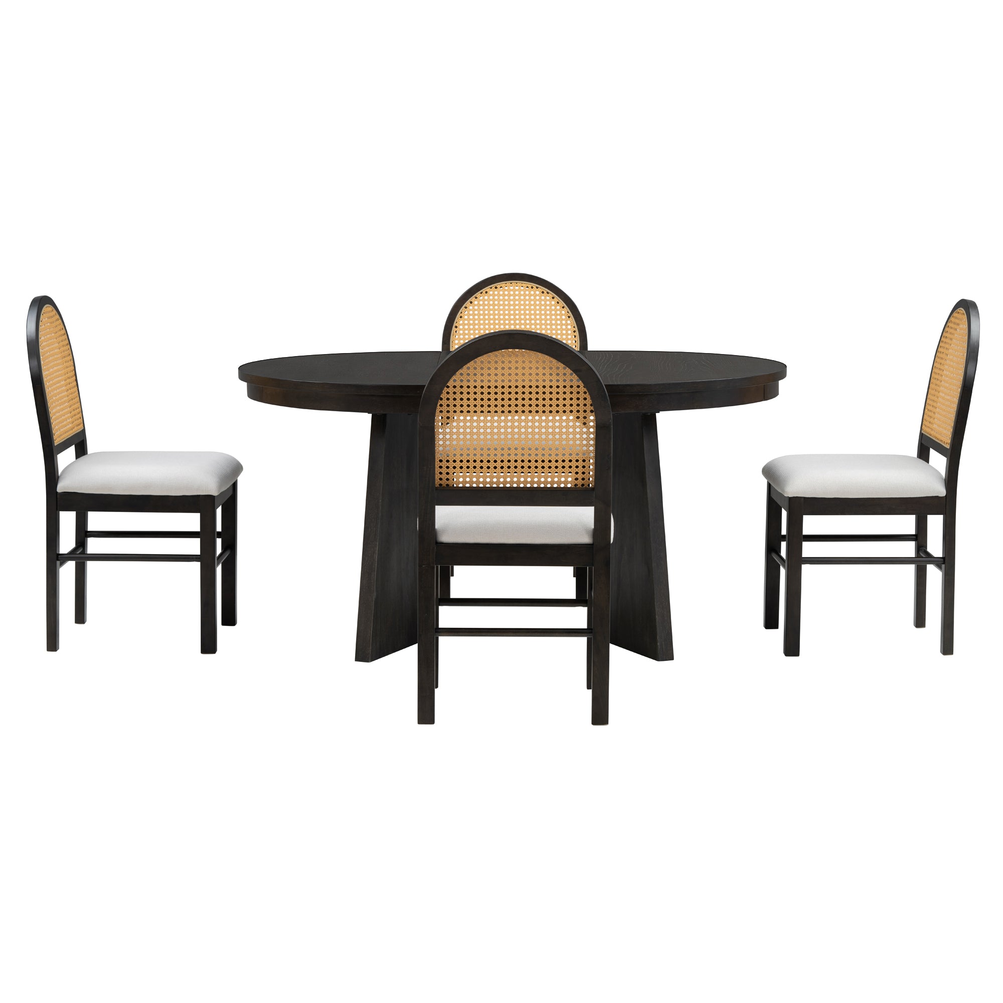 TREXM 5-piece retro functional cutlery set with 1 expandable dining table and 4 cushioned chairs with rattan backrests (espresso