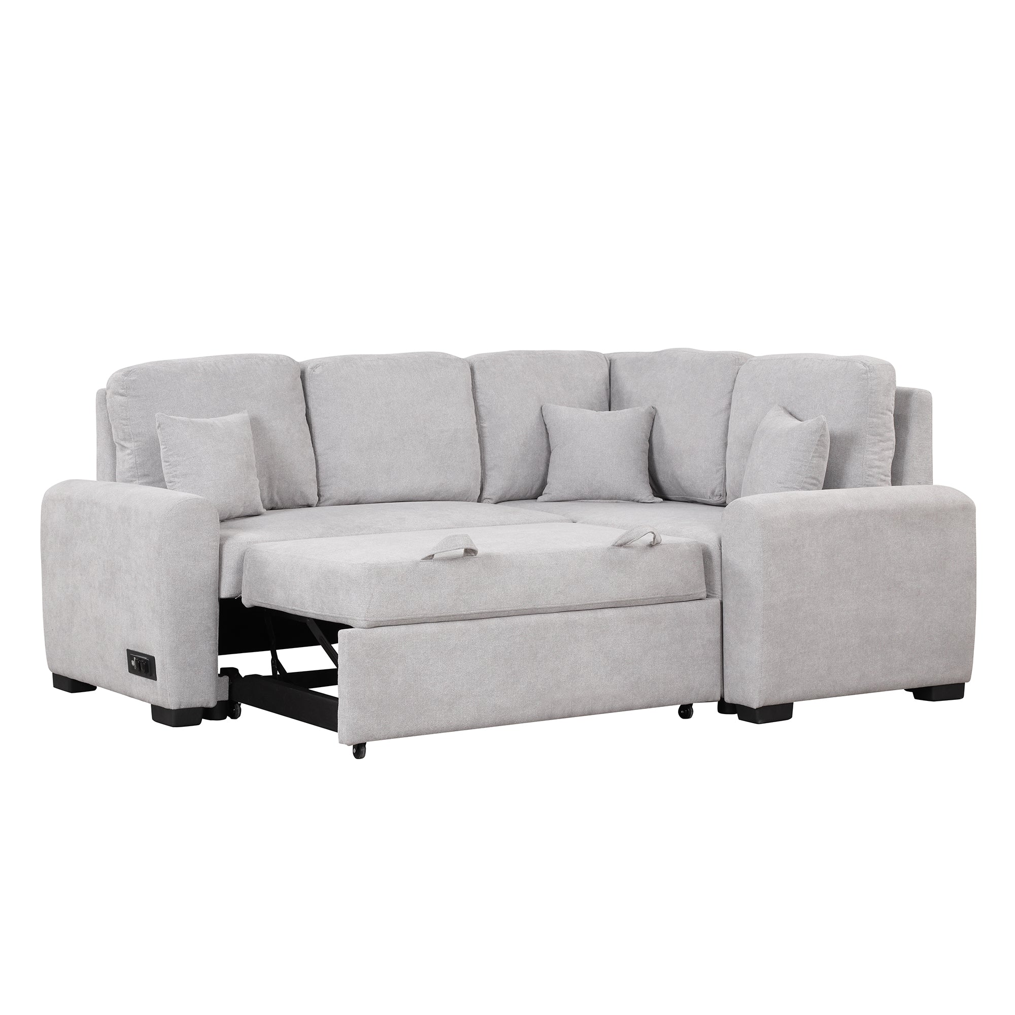 87.4"Sectional Sleeper Sofa with USB Charging Port and Plug Outlet Pull-Out Sofa Bed with 3 Pillows Grey