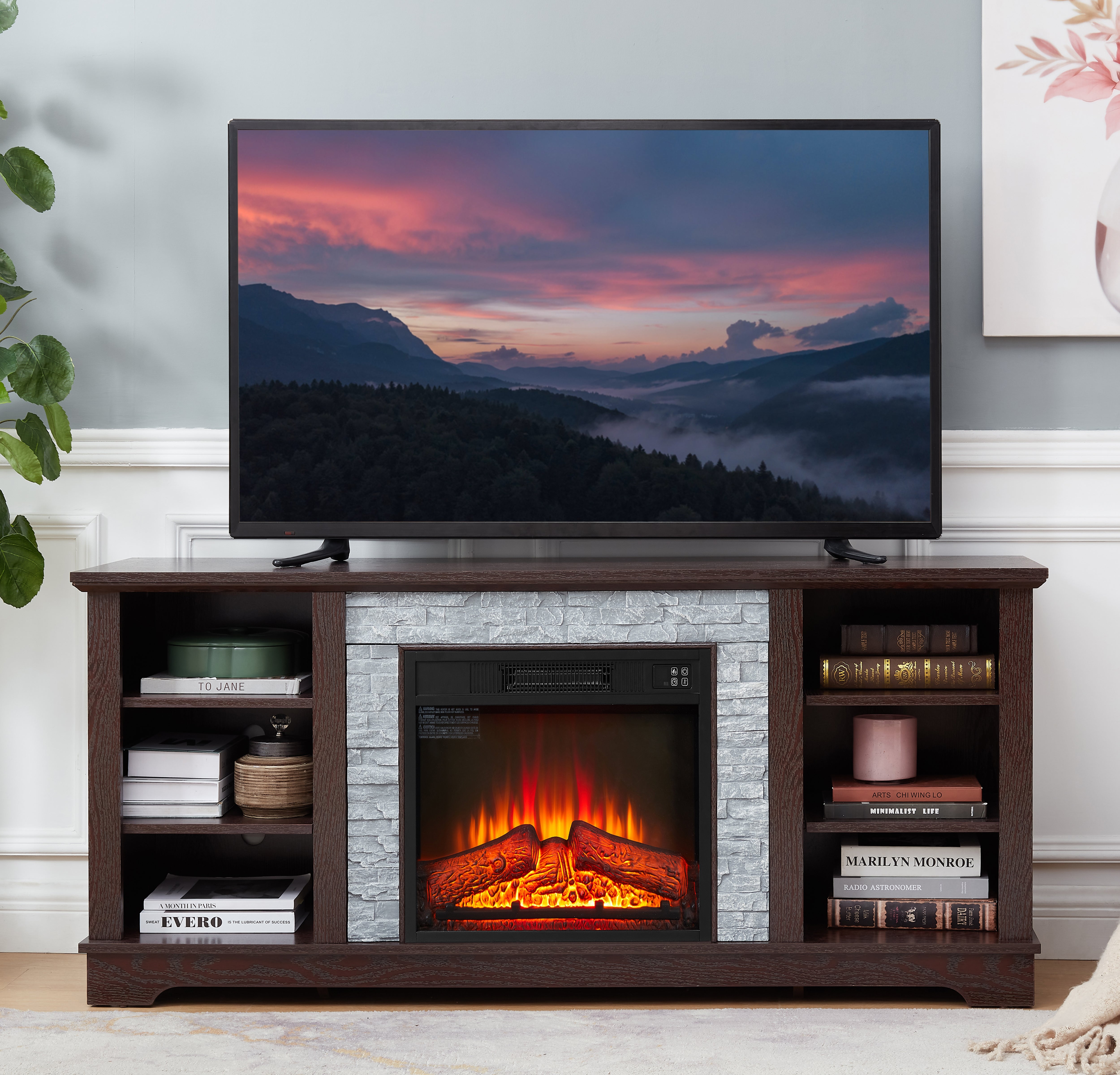 18 inch cherry colored fireplace with open entertainment console space, 58.31 inches wide, 15.39 inches deep, and 26.06 inches h