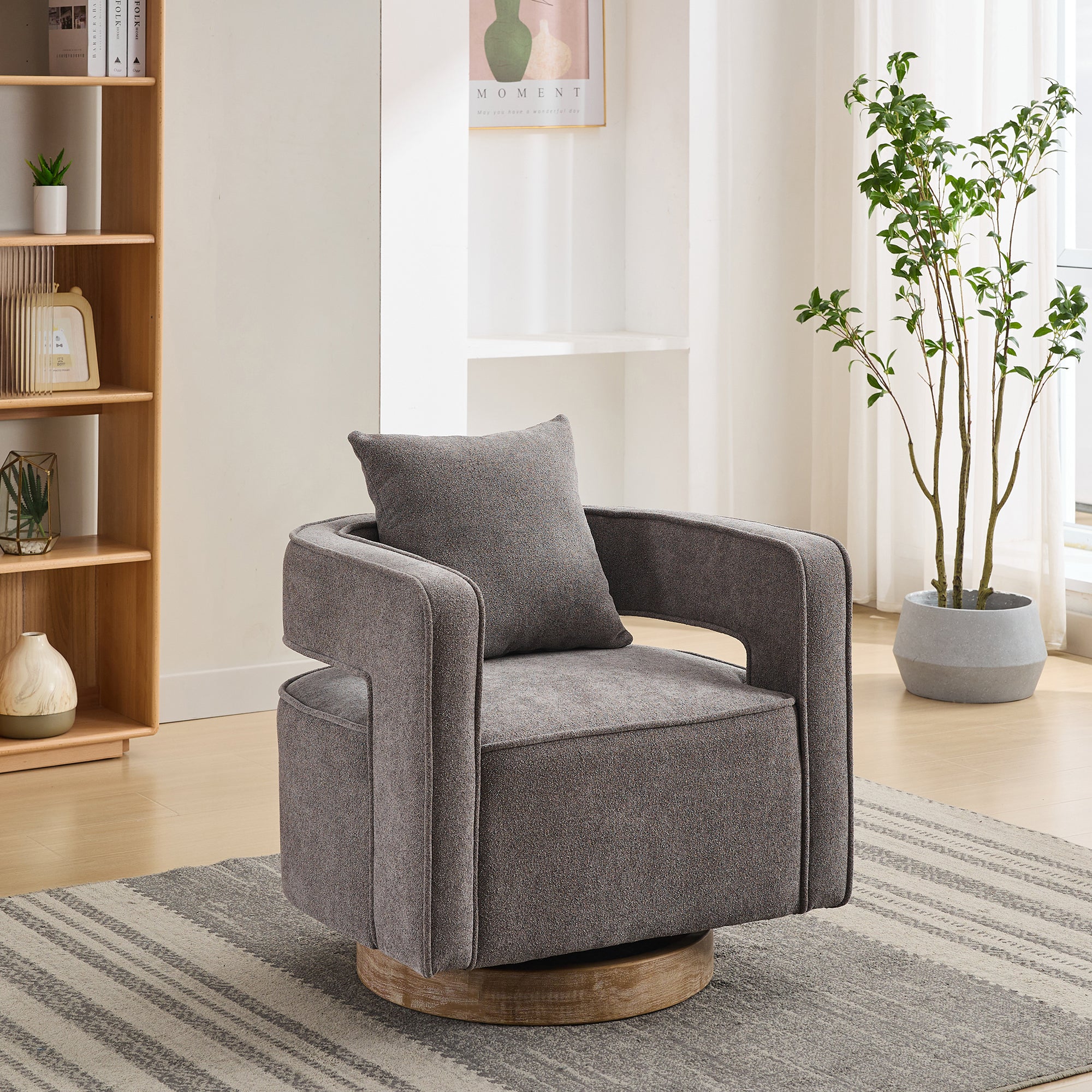 29.1"W Swivel Accent Open Back Chair Modern Comfy Sofa Chair With Weathered Base (Charcoal,Linen Blend)