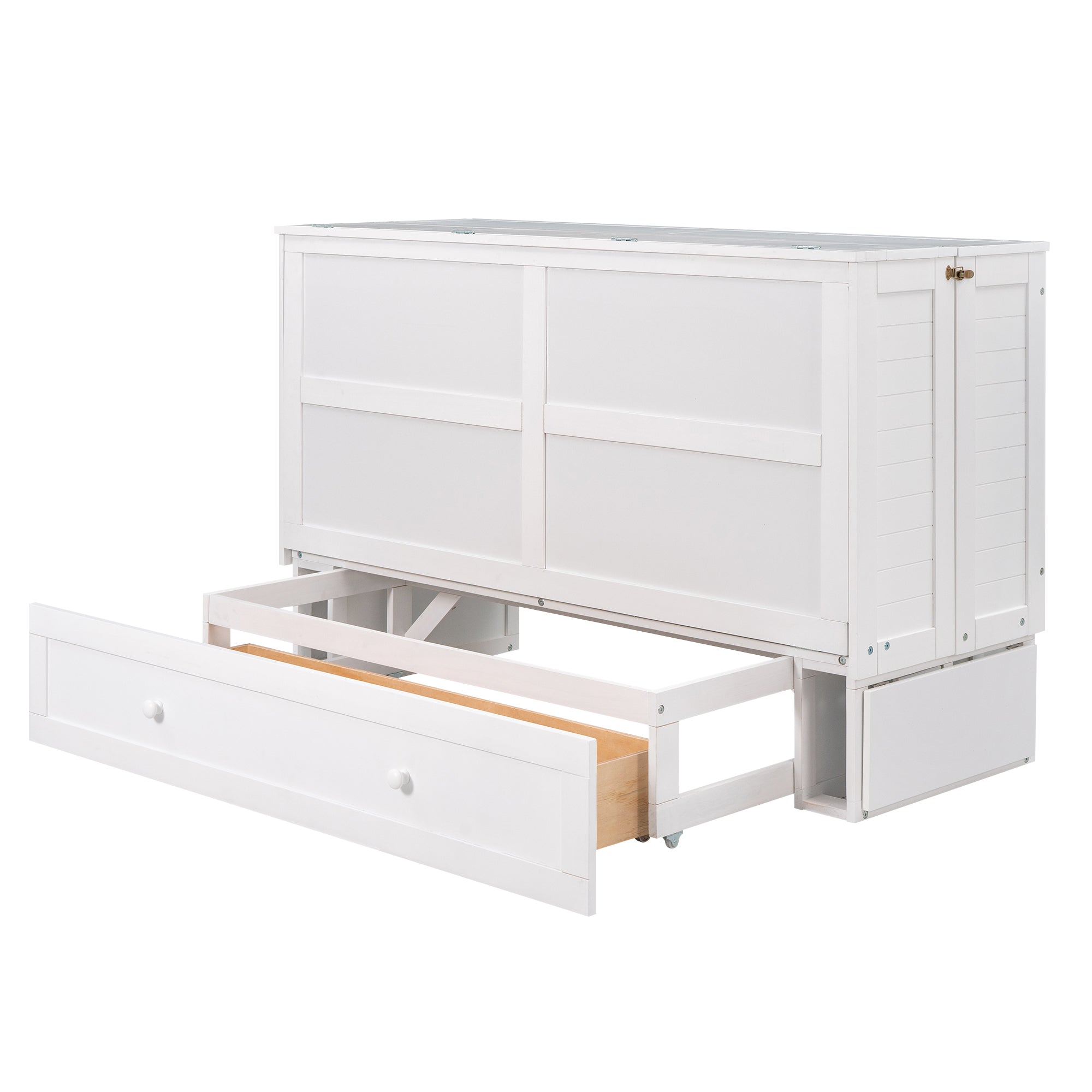 Queen Size Mobile Murphy Bed with Drawer and Little Shelves on Each Side White