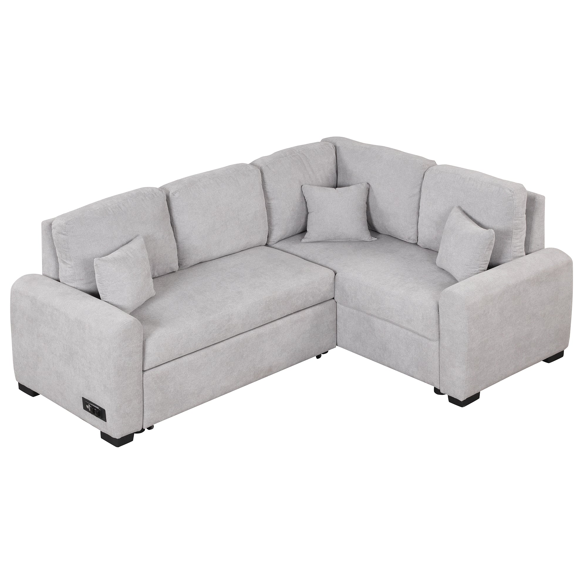 87.4"Sectional Sleeper Sofa with USB Charging Port and Plug Outlet Pull-Out Sofa Bed with 3 Pillows Grey