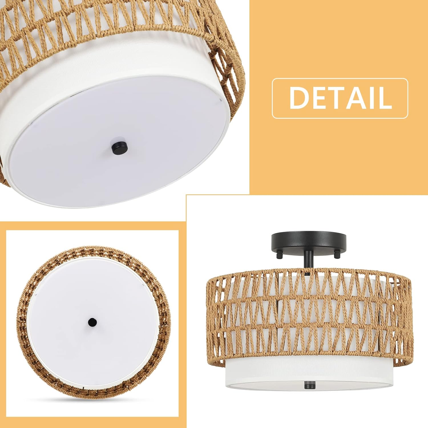 3-Light Semi Flush Mount Ceiling Light Fixture, Boho Rattan Light Fixtures Ceiling, Farmhouse Drum Light with Fabric Shade