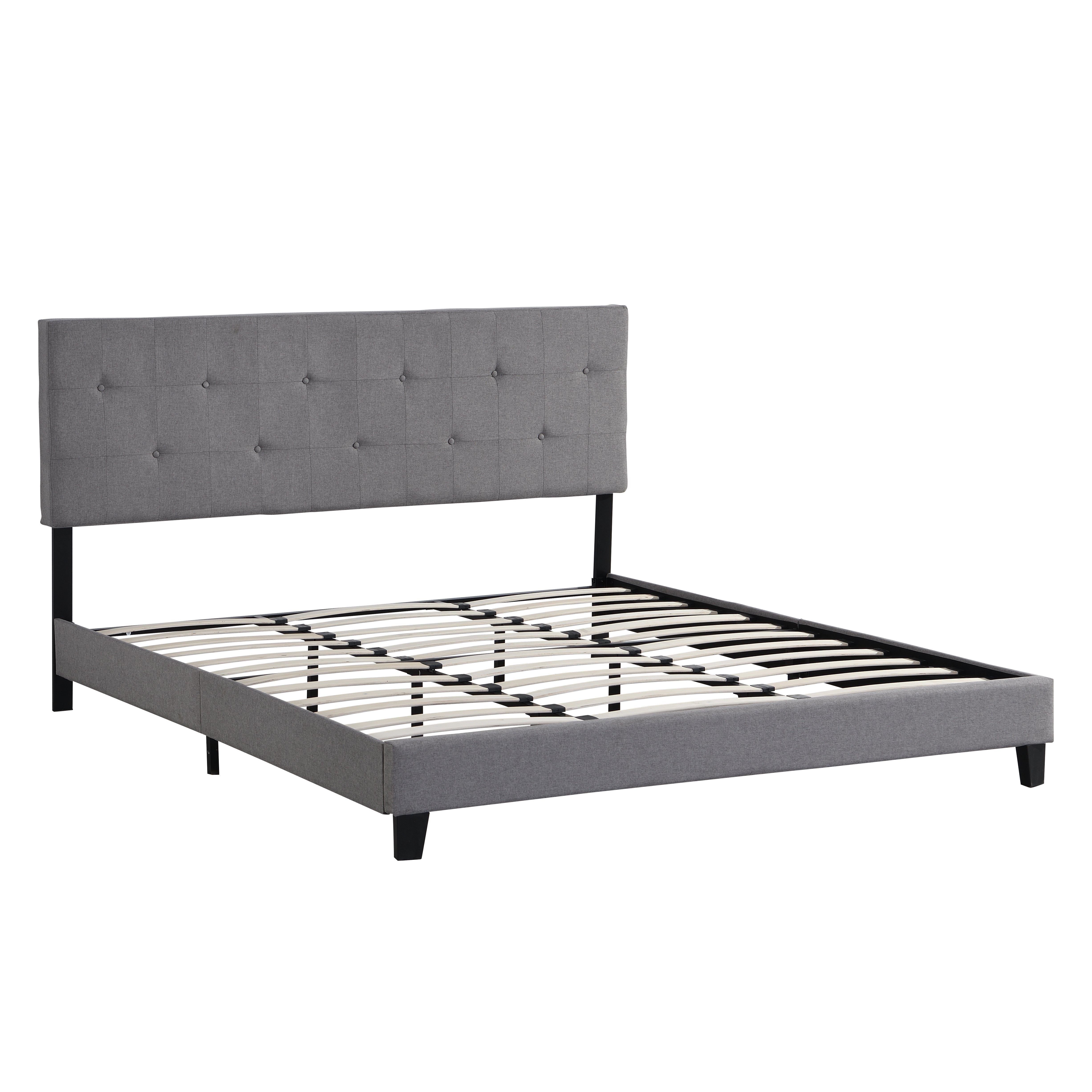 King Size Upholstered Platform Bed Frame with Button Tufted Linen Fabric Headboard Gray