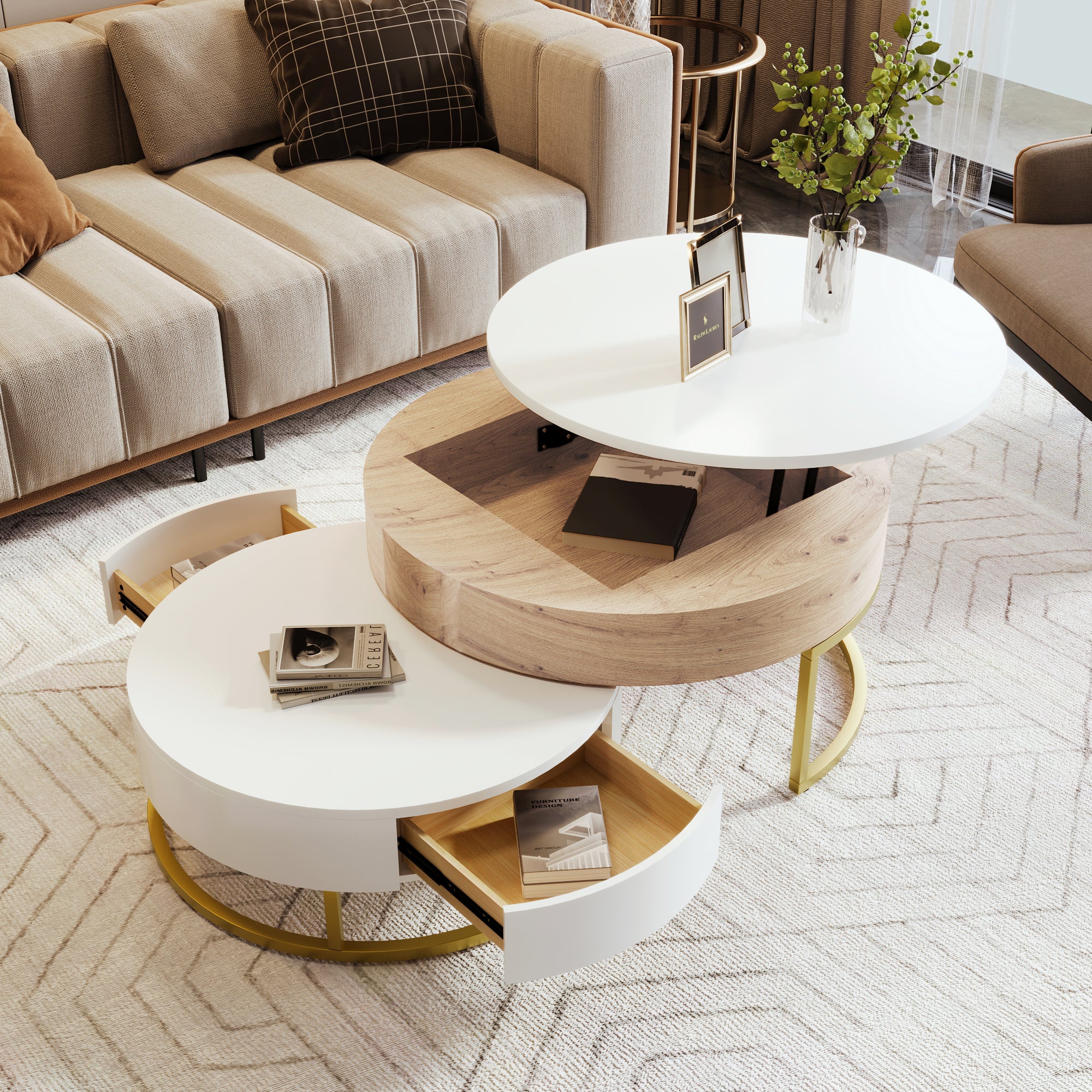 Modern Round Lift-top Nesting Coffee Tables with 2 Drawers White & Natural