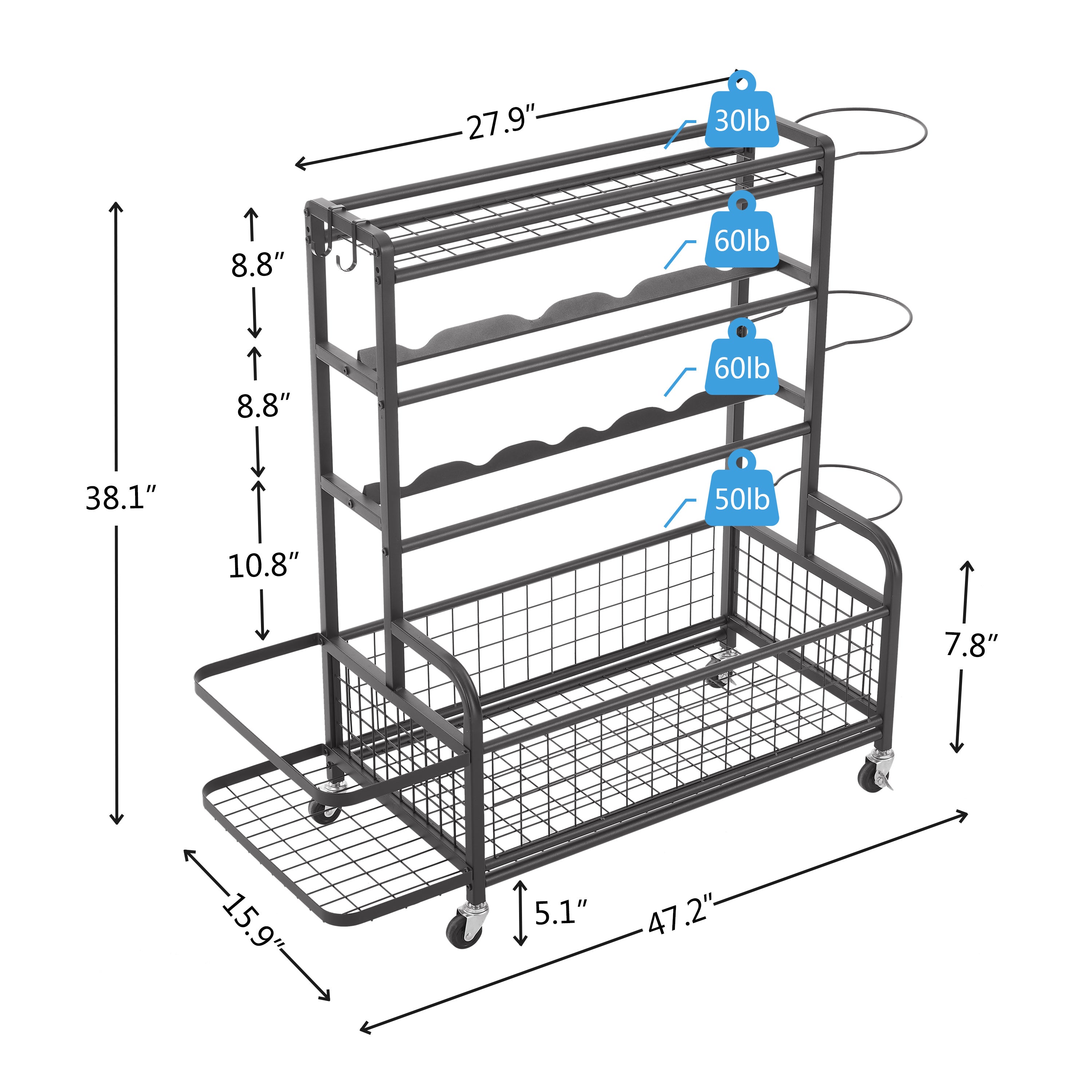 Four layer metal storage rack, large ball storage rack with rollers, baskets, and hooks