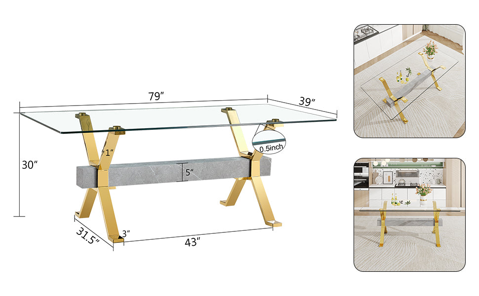 Dining table Modern tempered glass dining table Large modern office desk with gold plated metal legs and MDF crossbars