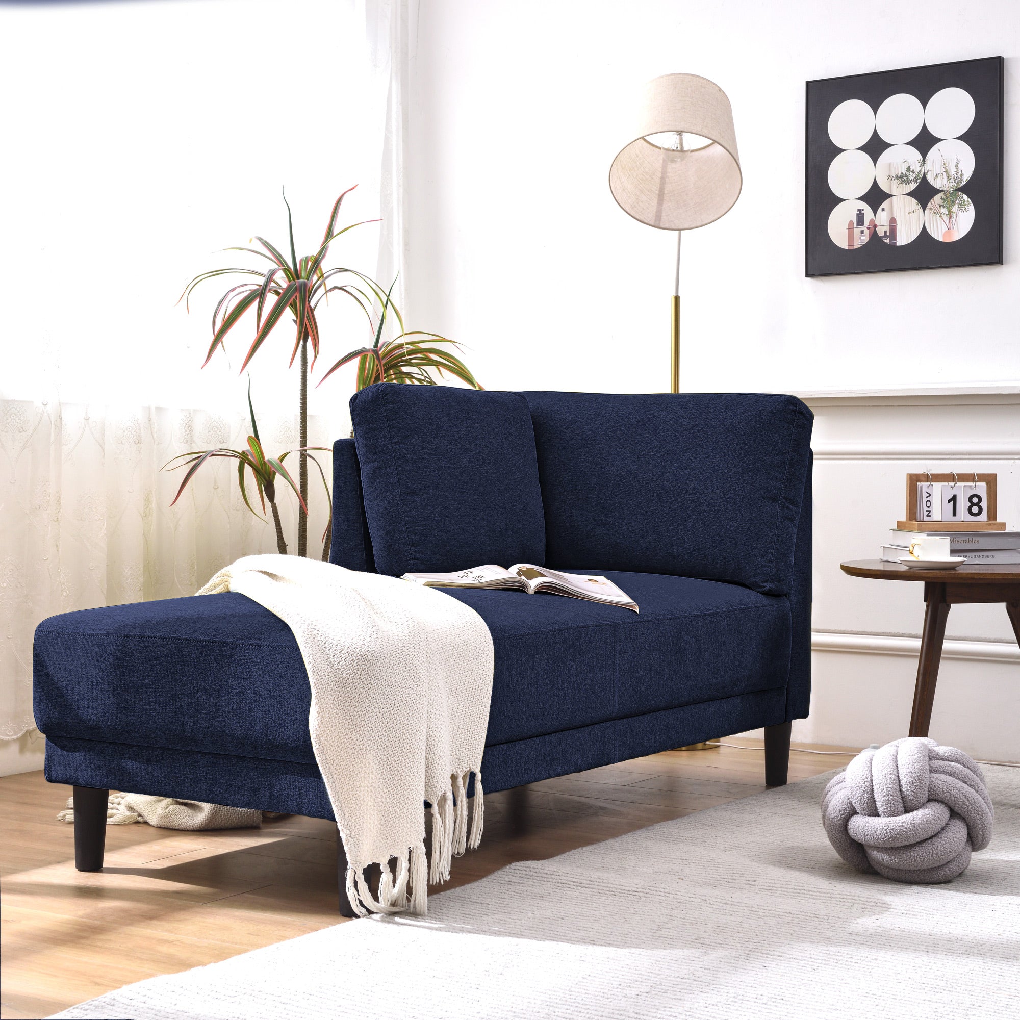 65" Mid-Century Modern Linen Fabric Corner Lounge Chair, Upholstered Indoor Chaise Lounge Solid Wood Sofa Bed for Bedroom