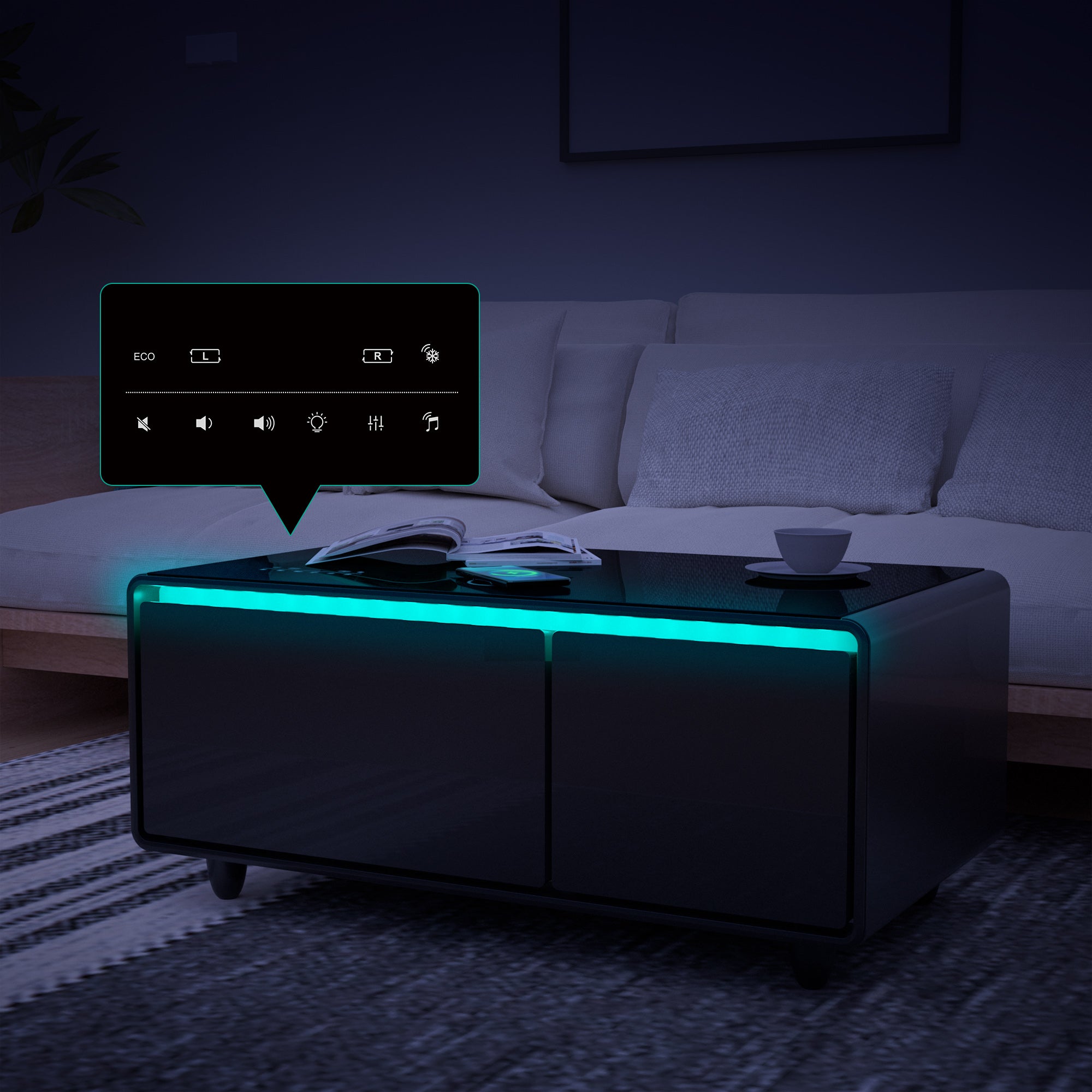 Modern Smart Coffee Table with Built-in Fridge, Bluetooth Speaker, Wireless Charging, Touch Control Panel, USB Interface Black