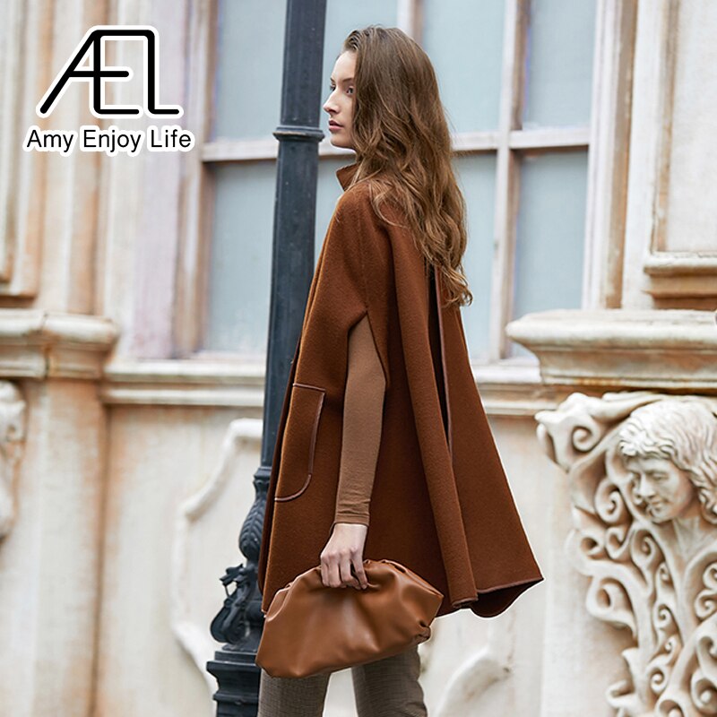 AEL Winter Wool Coat Women's Poncho Jacket Warm Cape Overcoat Long Cloak Outwear Casual Shawl Female