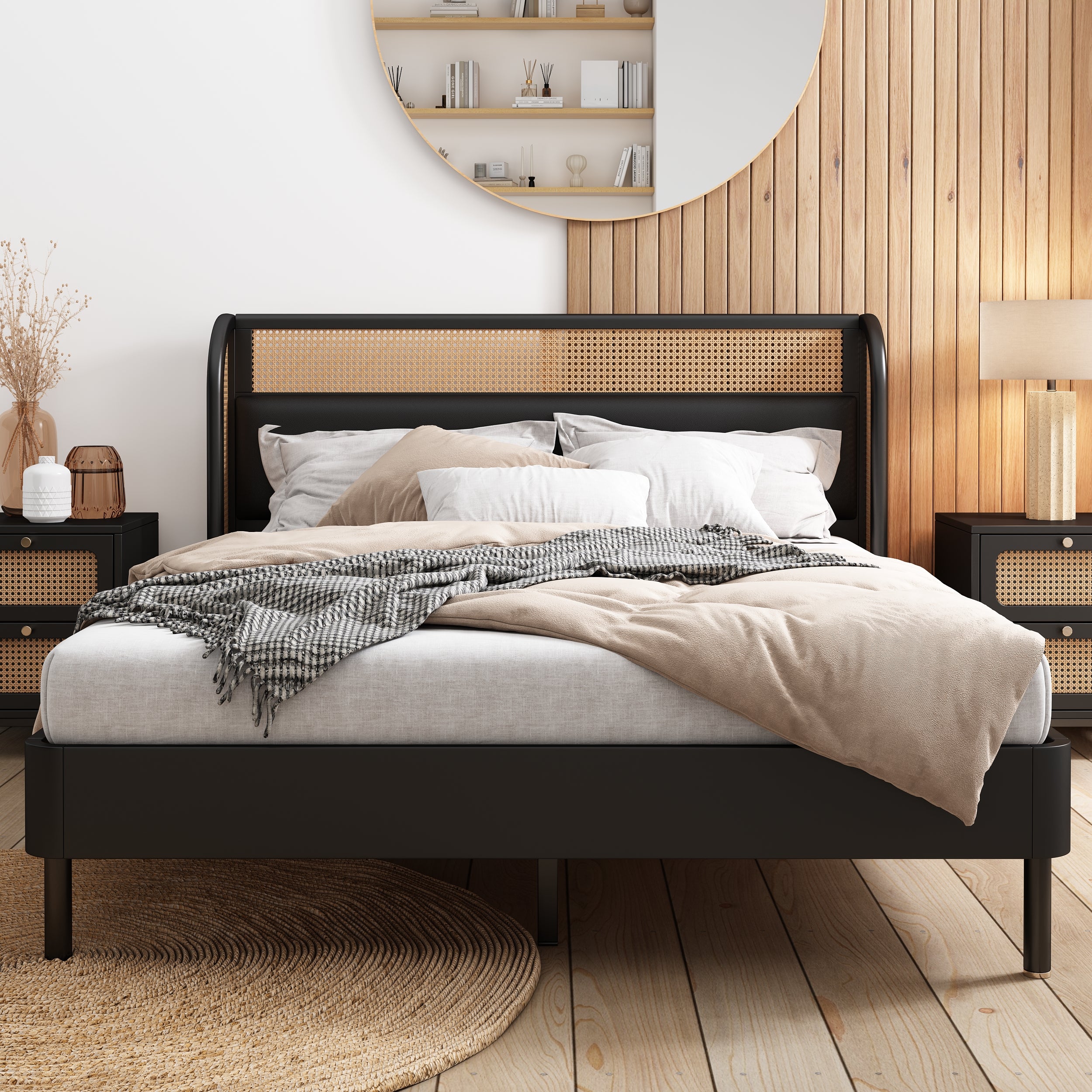 Modern Cannage Rattan Wood Platform Queen Bed Black