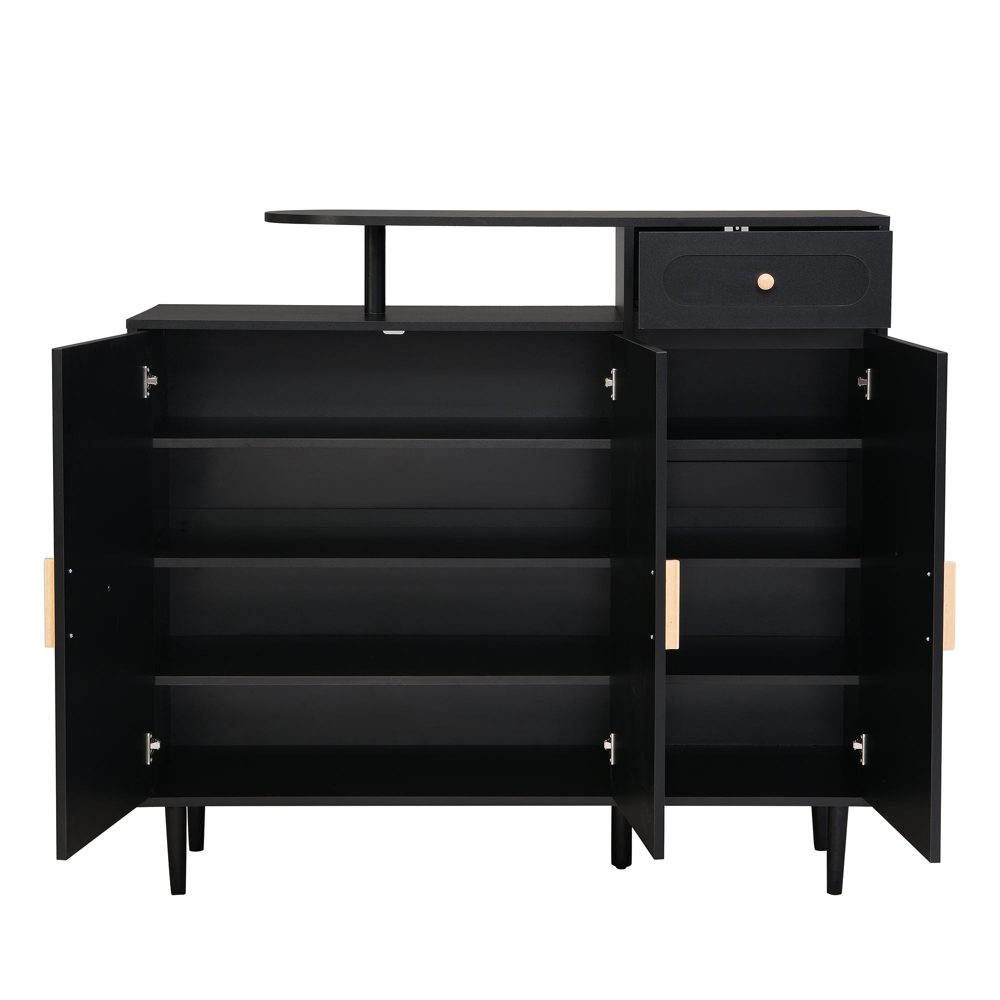 ON-TRANS Elegant Shoe Cabinet with Arched Doors and Drawers, Storage Side Panels, Adjustable Shelves and Solid Wood Legs, Black