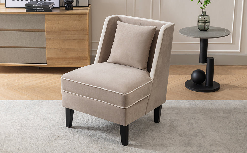 Velvet Upholstered Accent Chair with Cream Piping, Tan and Cream