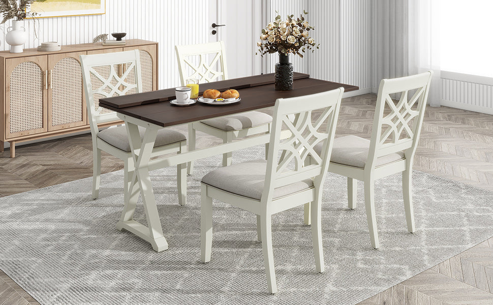 TOPMAX 5-piece set of 62 * 35.2-inch retractable dining table with X-shaped legs, two 8.8-inch flip beige dining chairs