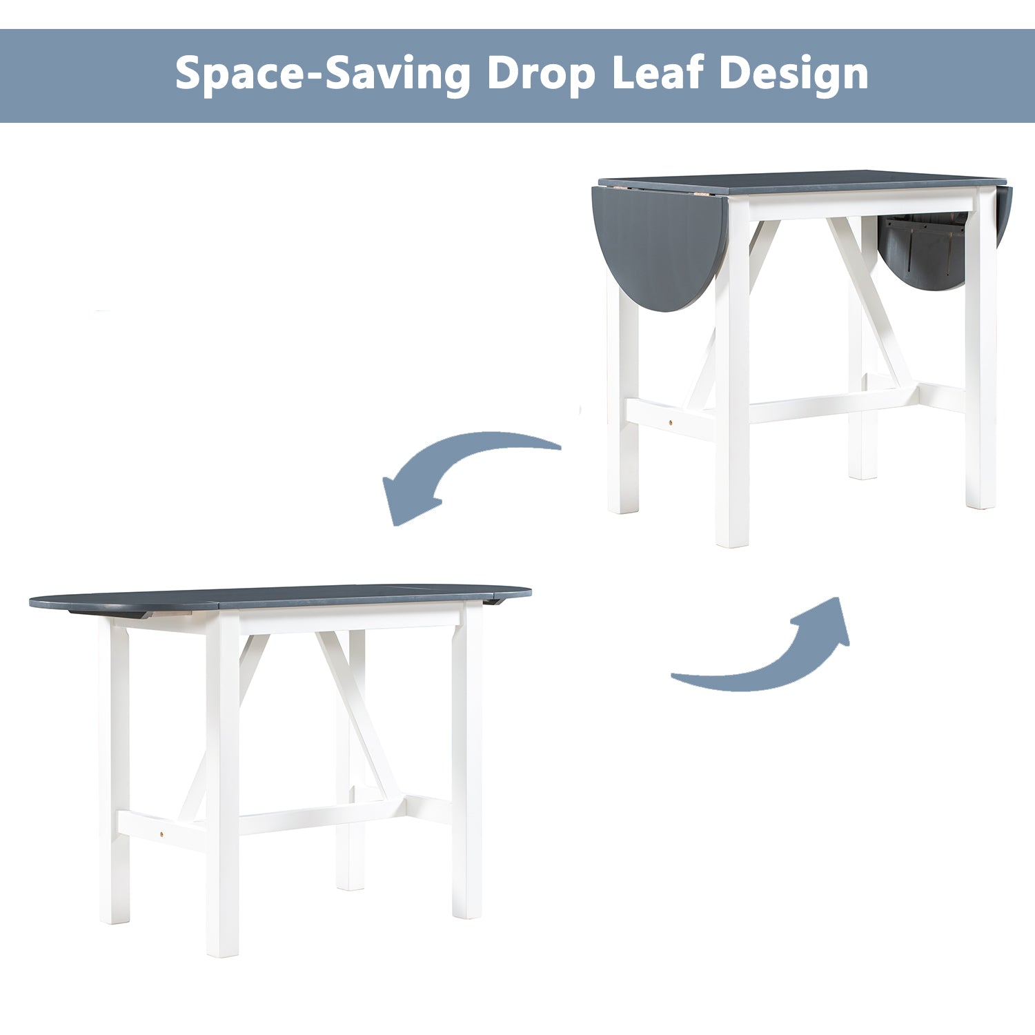 TOPMAX 3-Piece Wood Counter Height Drop Leaf Dining Table Set with 2 Upholstered Dining Chairs for Small Place White+Gray