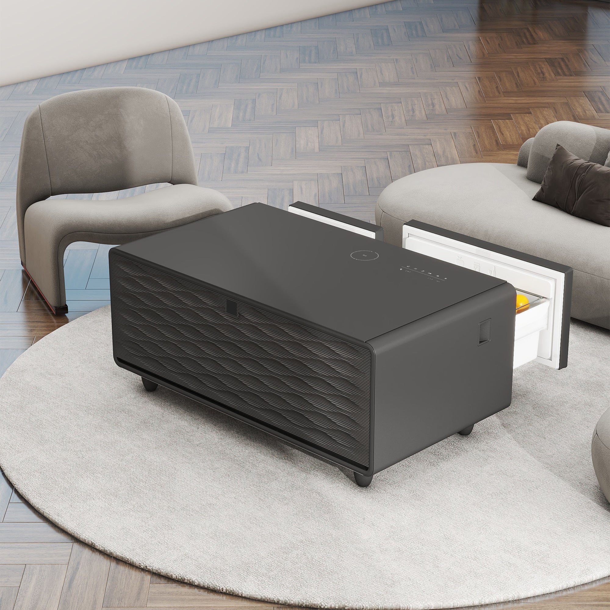 Modern Smart Coffee Table with Built-in Fridge, Bluetooth Speaker, Wireless Charging, Touch Control Panel, USB Interface Black