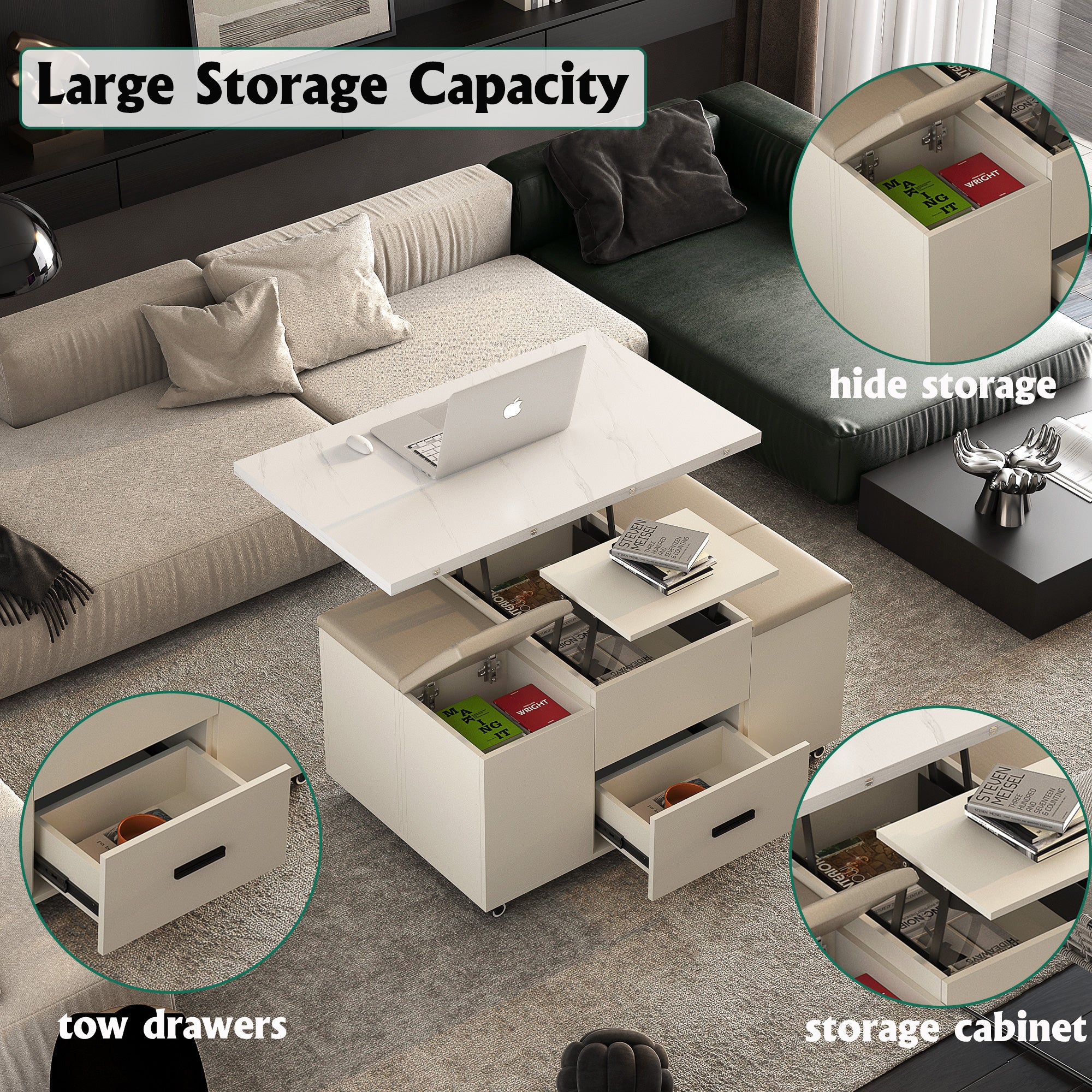 Modern lift coffee table, living room with 4 chairs, expandable 1 hidden storage space+2 drawers, folding dining table