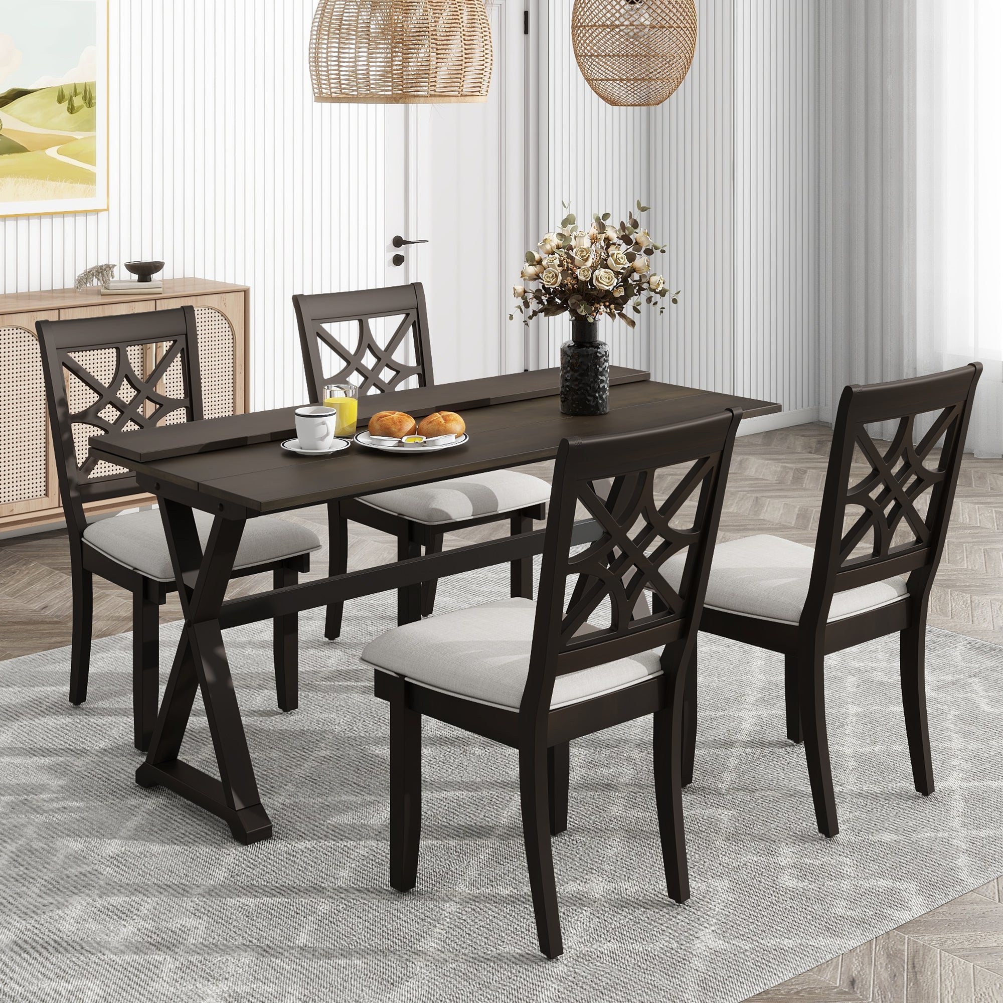 TOPMAX 5-piece set of 62 * 35.2-inch retractable dining table with two 8.8-inch consoles and deep walnut padded dining chairs