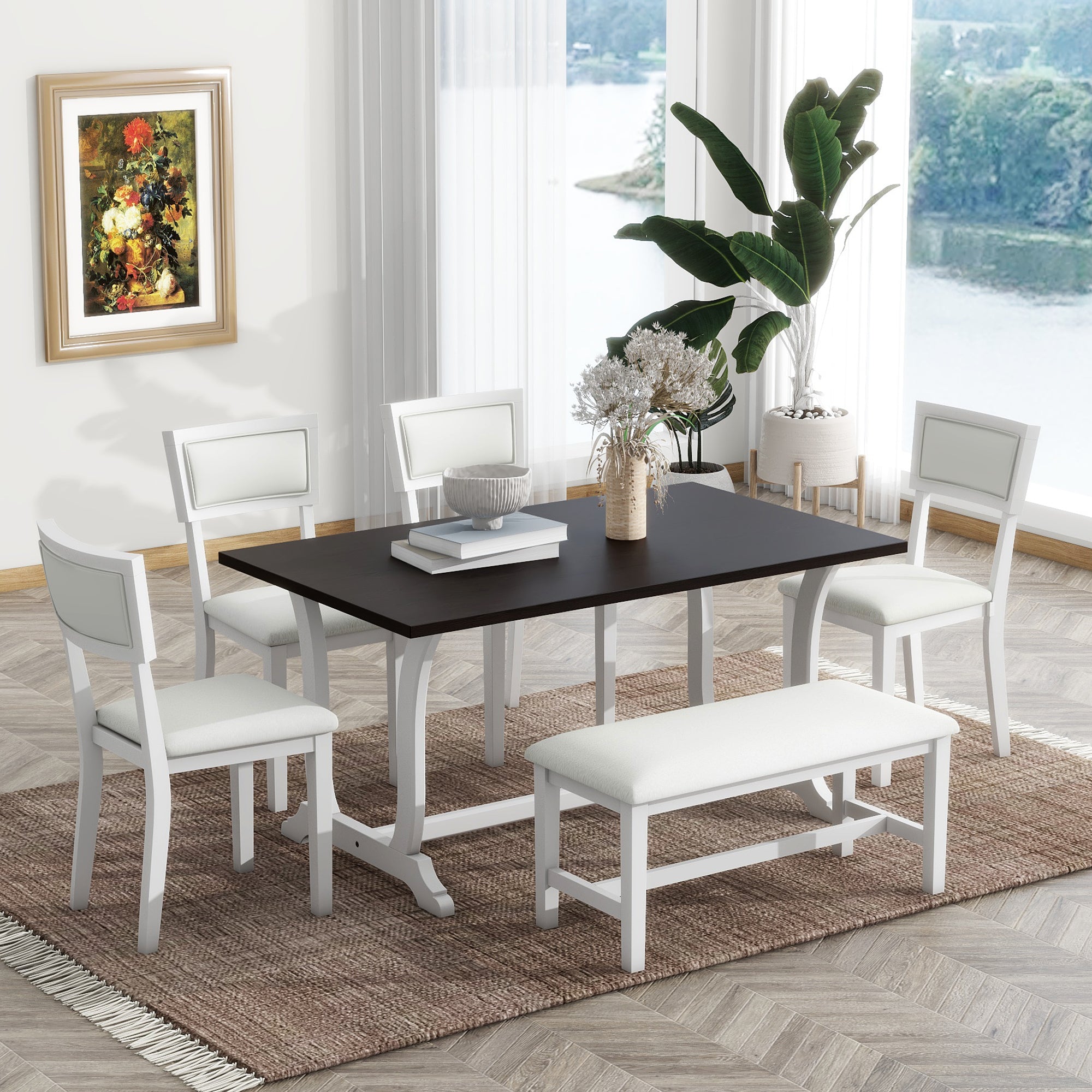 TOPMAX Farmhouse 6-Piece Trestle Dining Table Set with Upholstered Dining Chairs and Bench  59inch, White