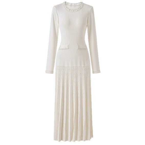 Elegant Long Sleeve Pearl Embellished Pleated Knit Dress for Women