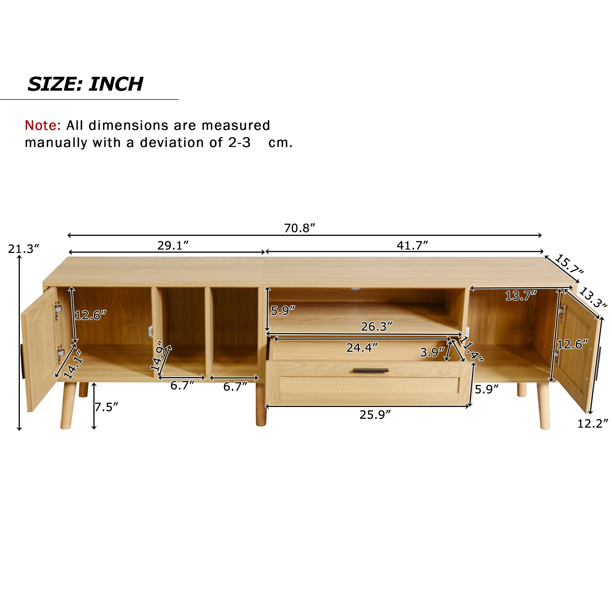 Vine TV stand with 2 cabinets and 2 open shelves, suitable for TVs under 80 inches, with solid wood legs for TV cabinets