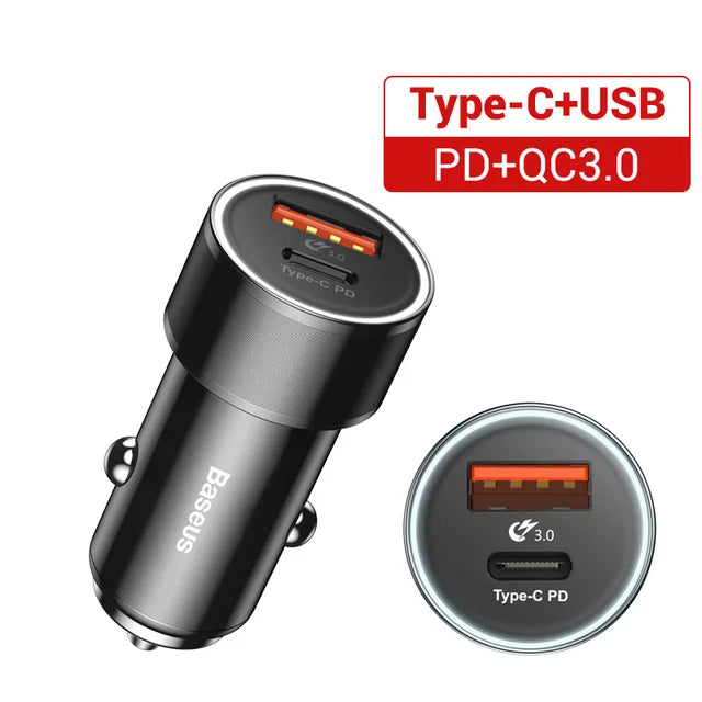 Chargeur de voiture Baseus 36 W double USB QC 3.0 à charge rapide pour iPhone, USB Type-C PD, chargeur rapide pour téléphone portable, chargeur de voiture 