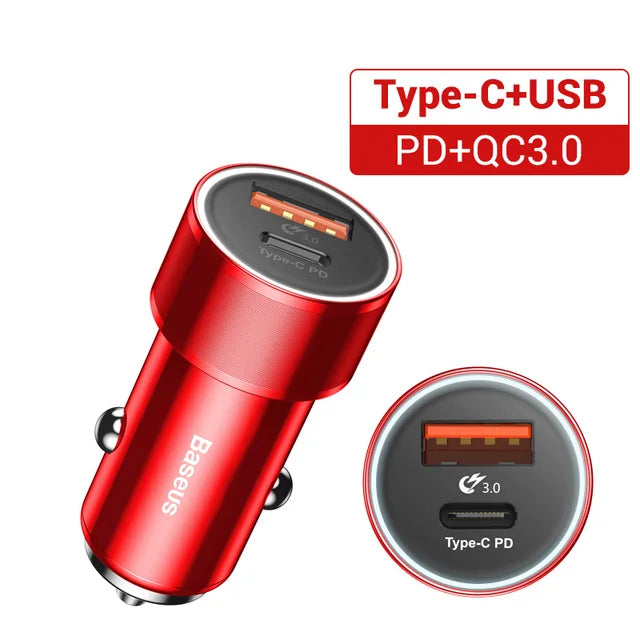 Chargeur de voiture Baseus 36 W double USB QC 3.0 à charge rapide pour iPhone, USB Type-C PD, chargeur rapide pour téléphone portable, chargeur de voiture 