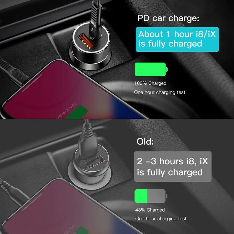 Chargeur de voiture Baseus 36 W double USB QC 3.0 à charge rapide pour iPhone, USB Type-C PD, chargeur rapide pour téléphone portable, chargeur de voiture 