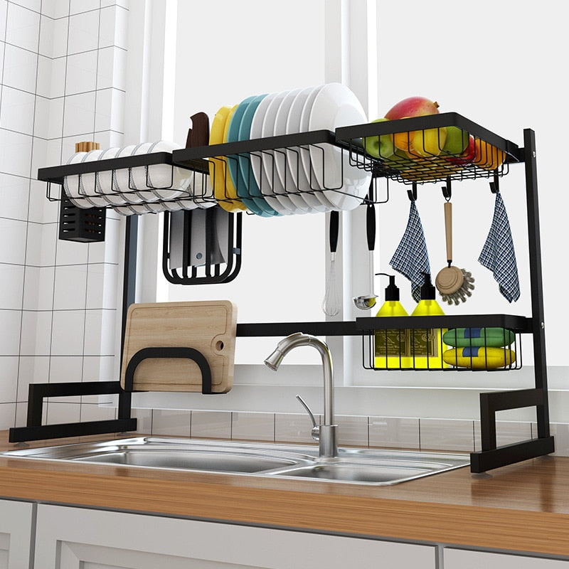 Égouttoir à vaisselle en acier inoxydable noir 65/85 cm en forme de U pour évier, support de rangement de cuisine à deux niveaux