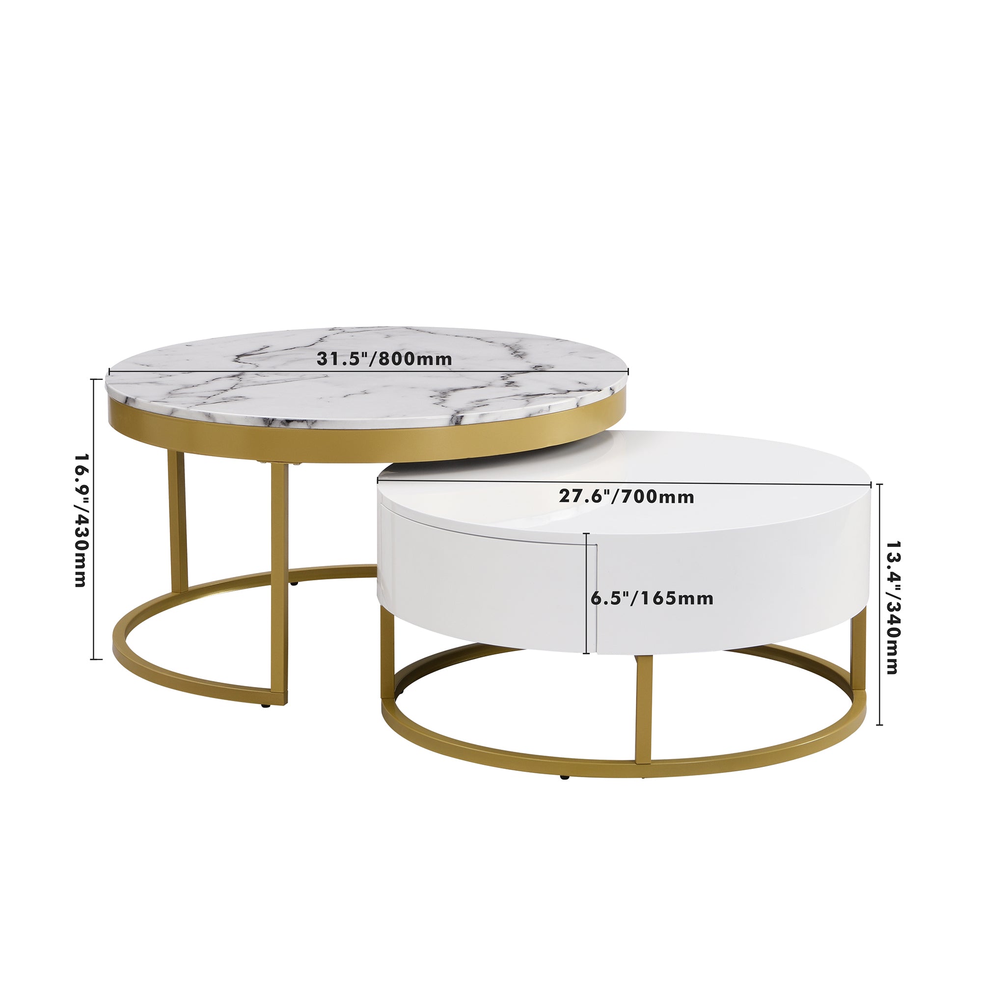 Modern Round Nesting Coffee Table with Drawers in White