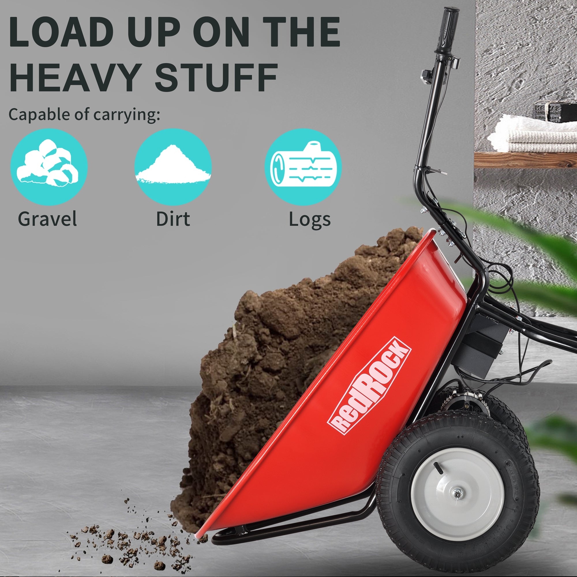 Red Rock Wheelbarrow Utility Cart Electric Powered AGM Battery 330lbs (150kgs) Max Capacity Barrel Dump Material Debris Hauler