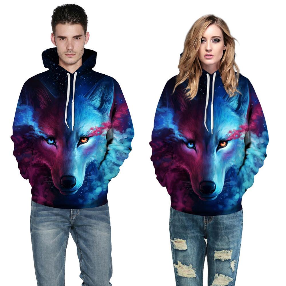 Men Women Wolf Digital Printing Cotton Hooded Sweater