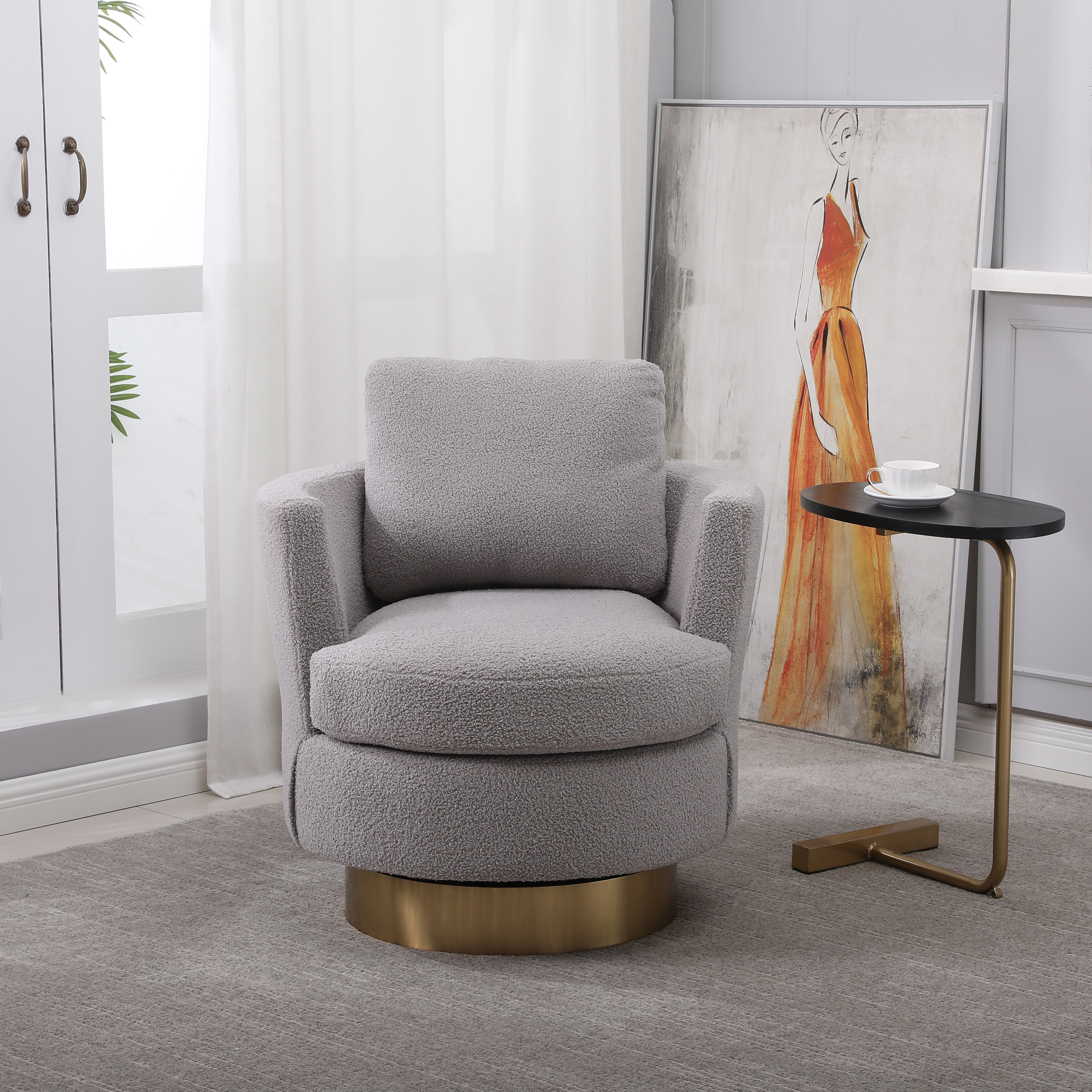 Teddy Rotating Bucket Chair Rotating Emphasis Chair Living Room Armchair Gold Stainless Steel Base Round Bucket Chair (Gray)