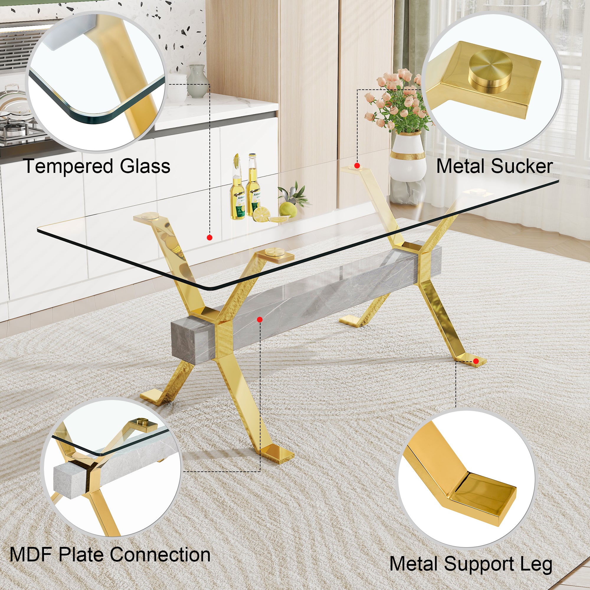 Dining table Modern tempered glass dining table Large modern office desk with gold plated metal legs and MDF crossbars