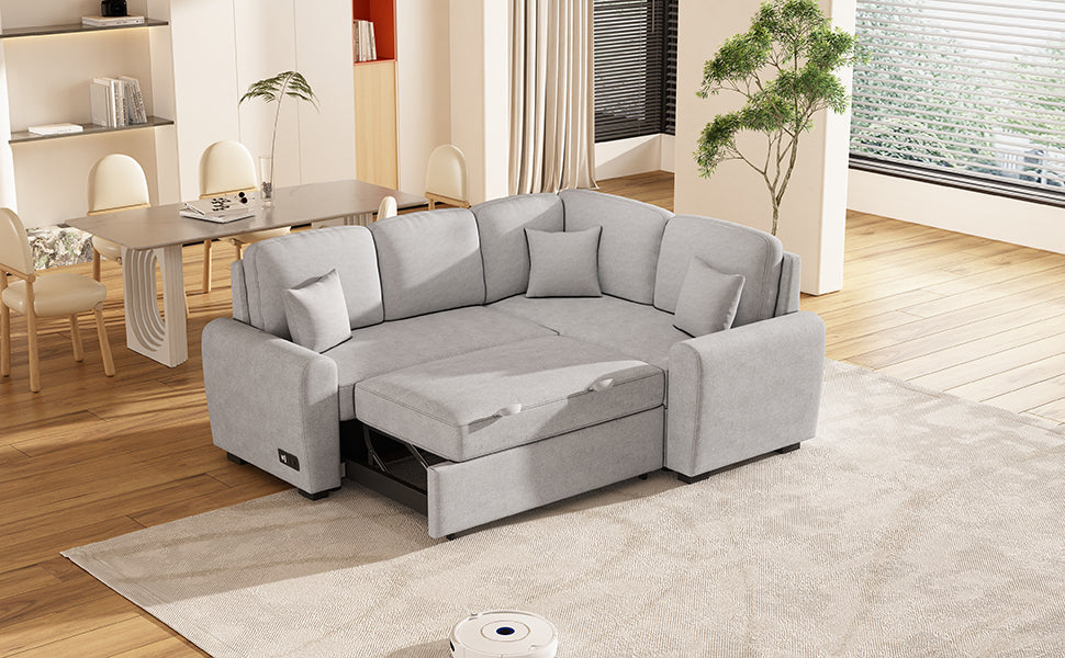 87.4"Sectional Sleeper Sofa with USB Charging Port and Plug Outlet Pull-Out Sofa Bed with 3 Pillows Grey