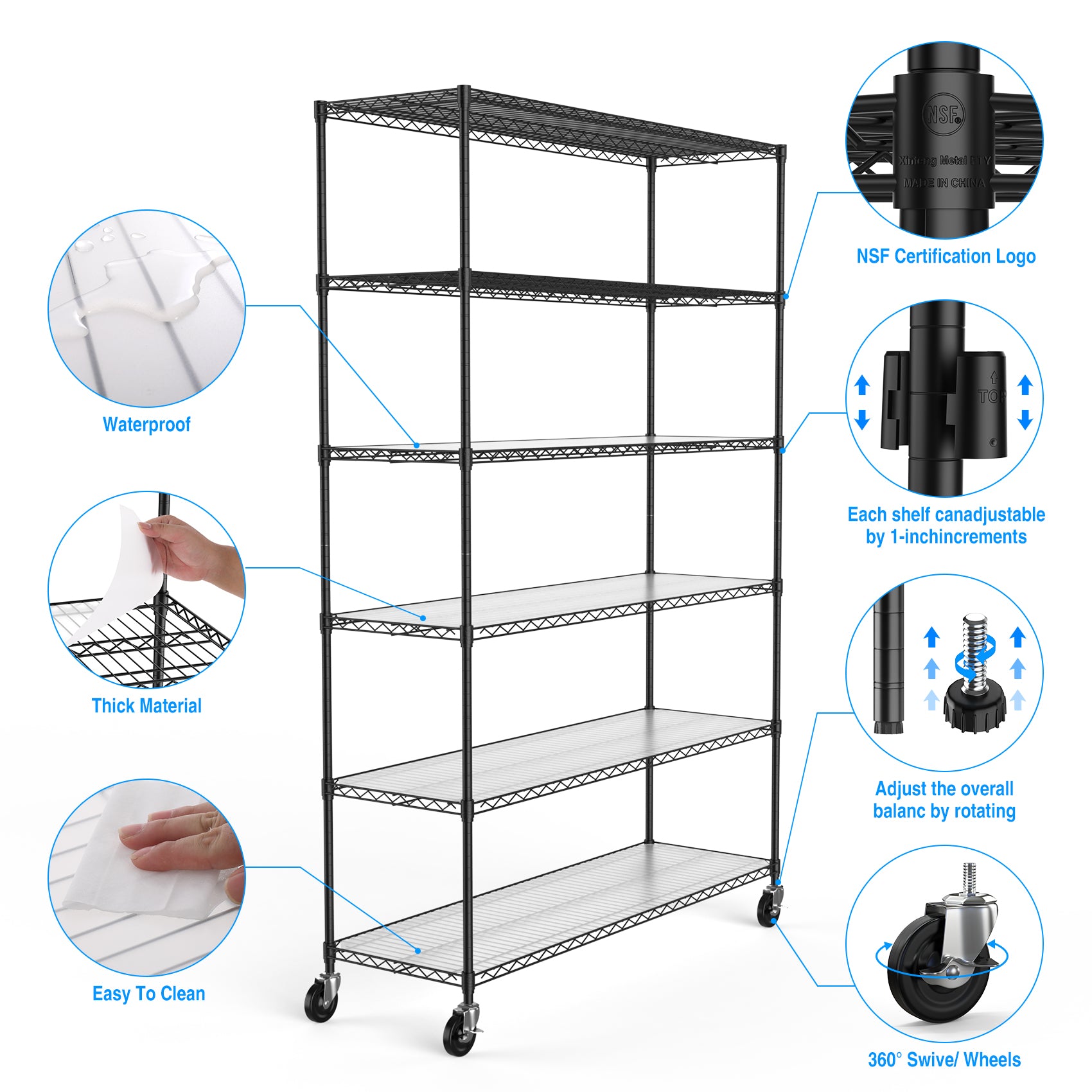 6 Tier Wire Shelving Unit 6000 LBS NSF Height Adjustable Metal Garage Storage Shelves with Wheels Black