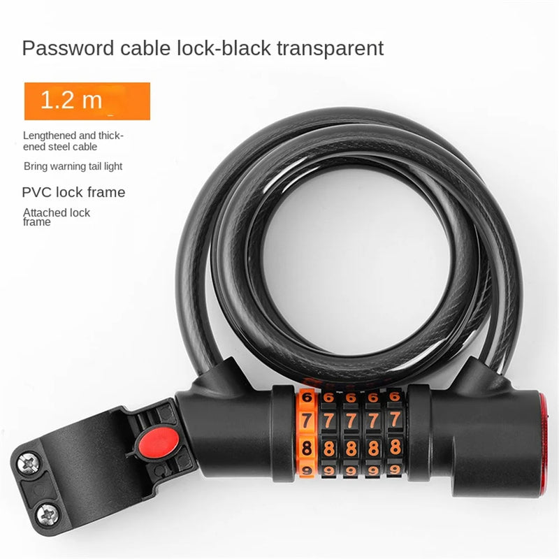 1.2M/1.8M Bike Lock Anti-theft 5 Digit Combination Password Security Lock With LED Light MTB Road Bike Steel Cable Bicycle Lock