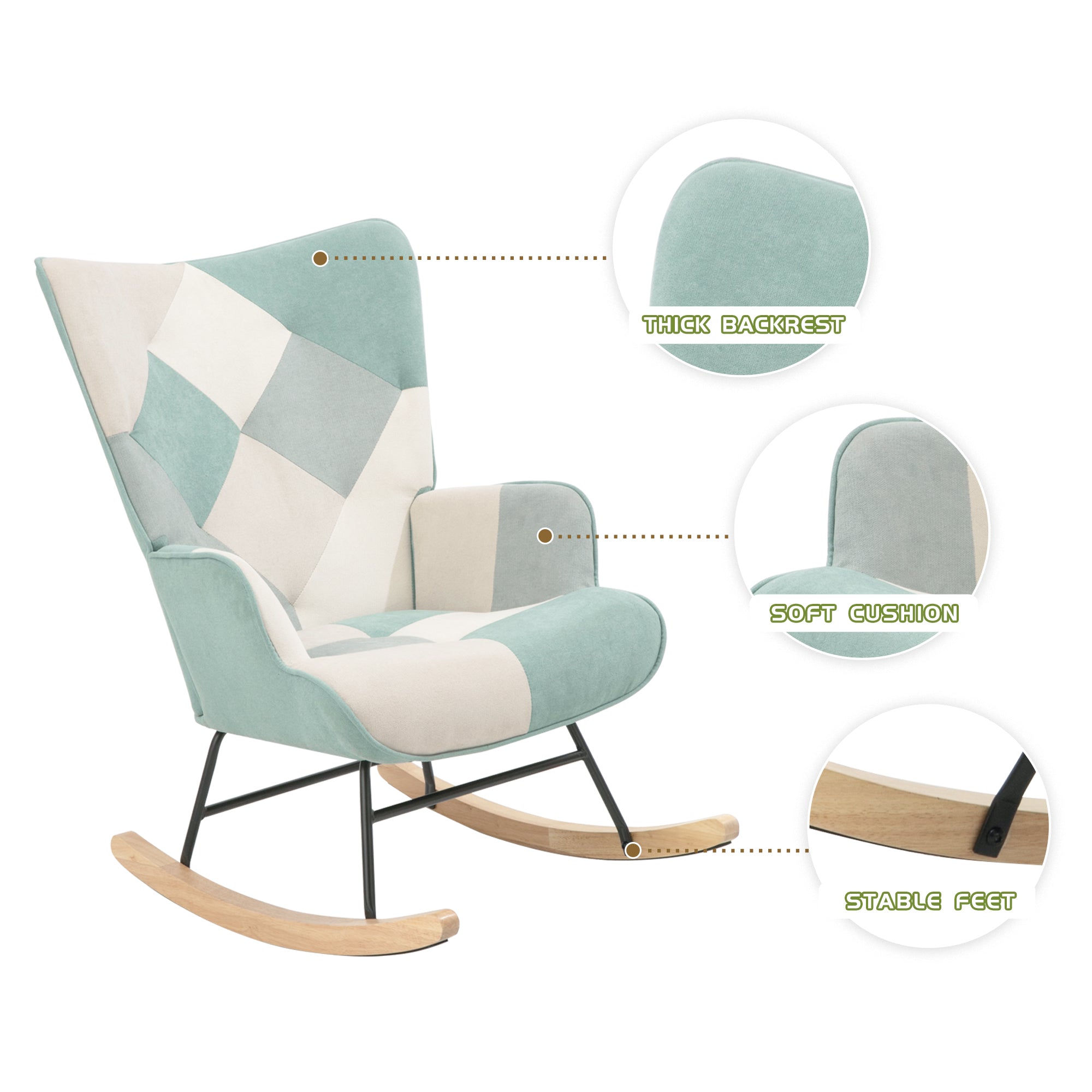 Rocking Chair with ottoman, Mid Century Fabric Rocker Chair with Wood Legs and Patchwork Linen for Livingroom Bedroom