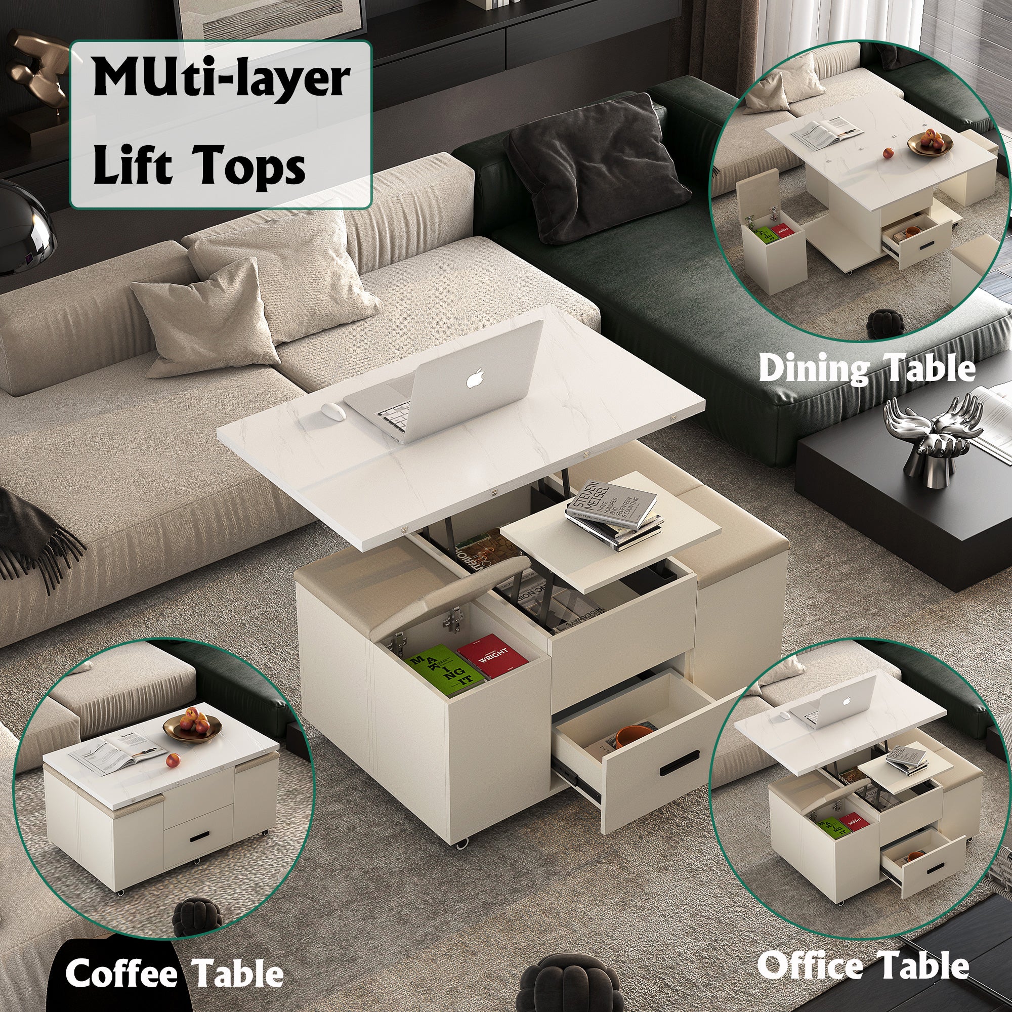 Modern lift coffee table, living room with 4 chairs, expandable 1 hidden storage space+2 drawers, folding dining table