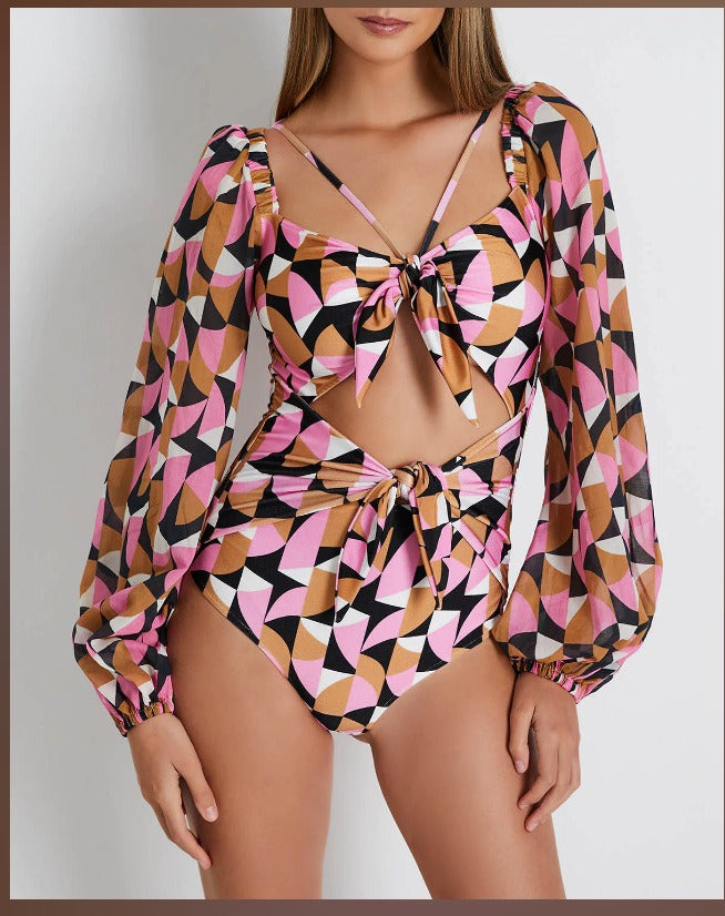 Breathable mesh long sleeved jumpsuit bikini printed deep V high waisted swimsuit