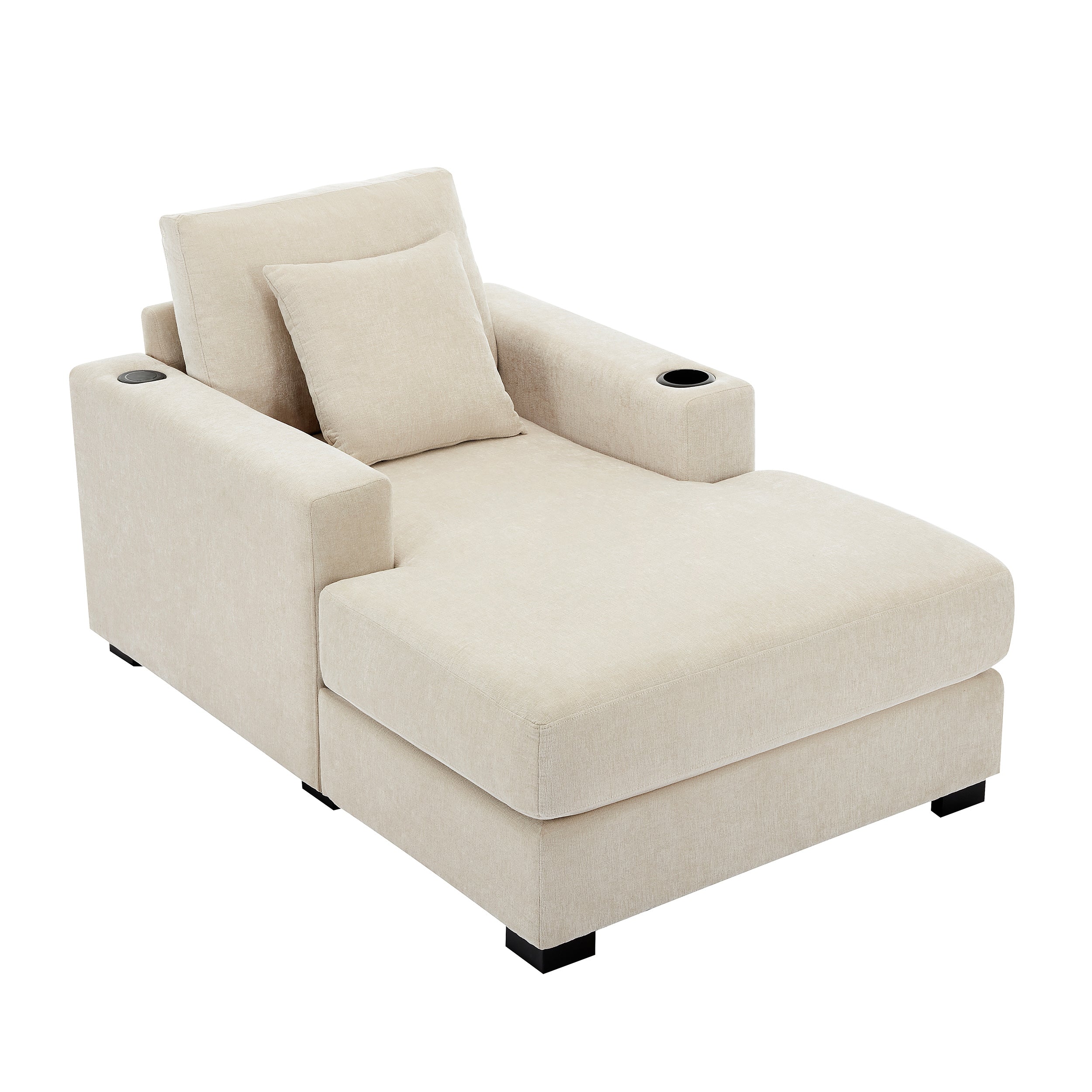 39.7" Oversized Chaise Lounger Modern Style Sofa Couch ,with Pillows, Charge Station & Cup Holders, Chenille Fabric, Cream