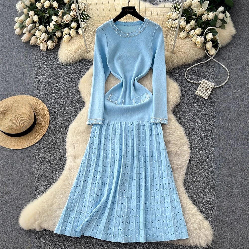 Elegant Long Sleeve Pearl Embellished Pleated Knit Dress for Women