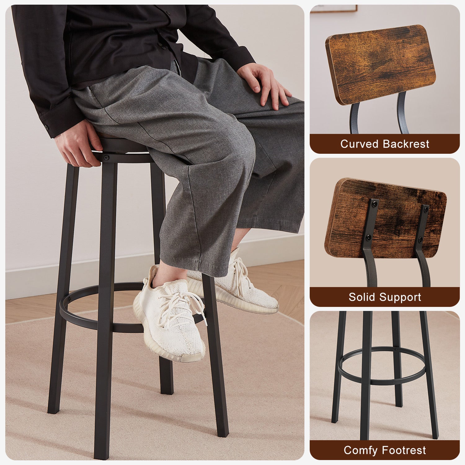 Rotating bar stool with backrest, industrial style, metal frame, 29.5 inches high rust brown, 13.4 '' long x 40.5 '' high.